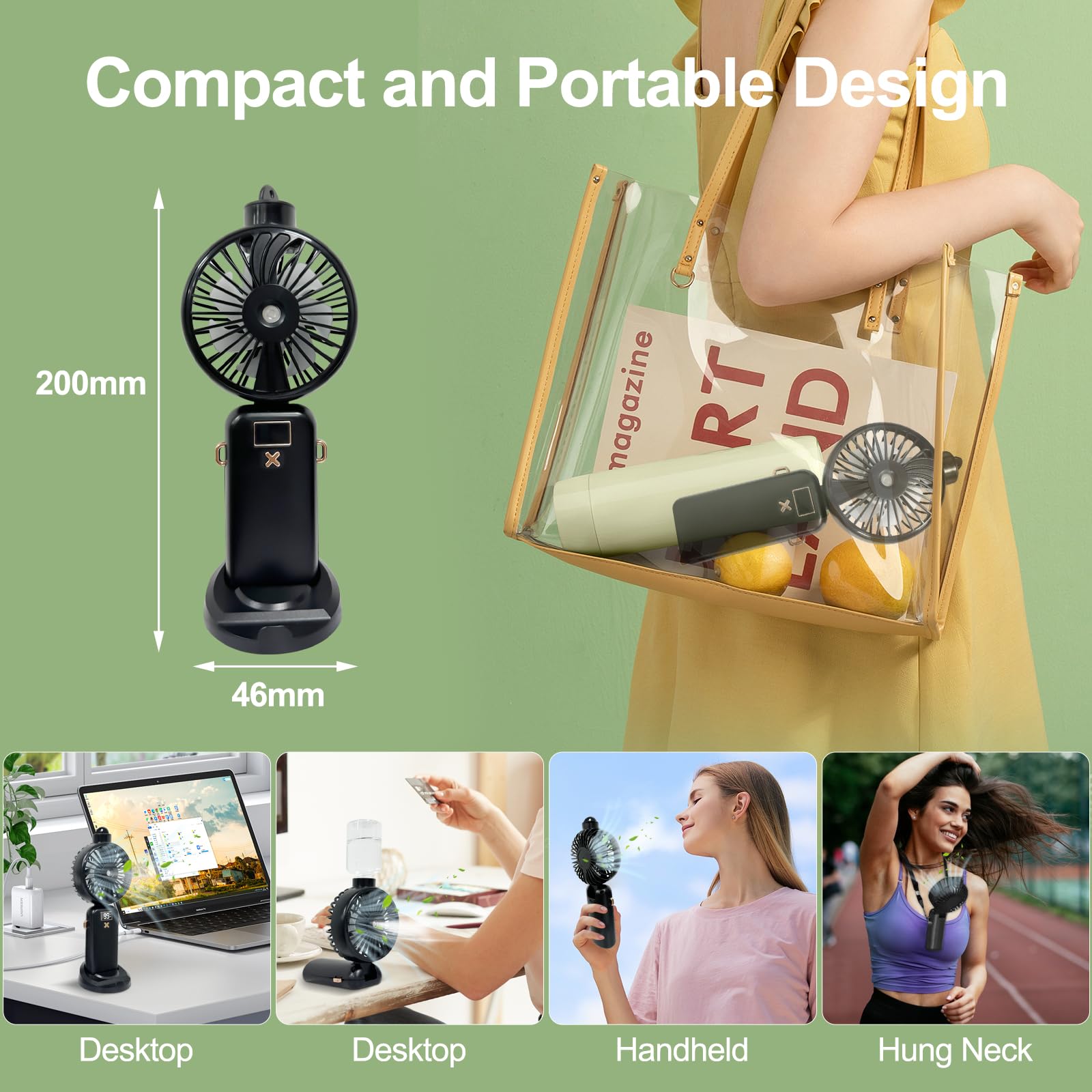 **POCKET PANDA Portable Handheld Misting Fan - 5000mAh Rechargeable Personal Cooling Fan with Water Spray, Small & Lightweight for Travel, Home, Office, Outdoor Activities - Perfect for Men & Women (Black)**