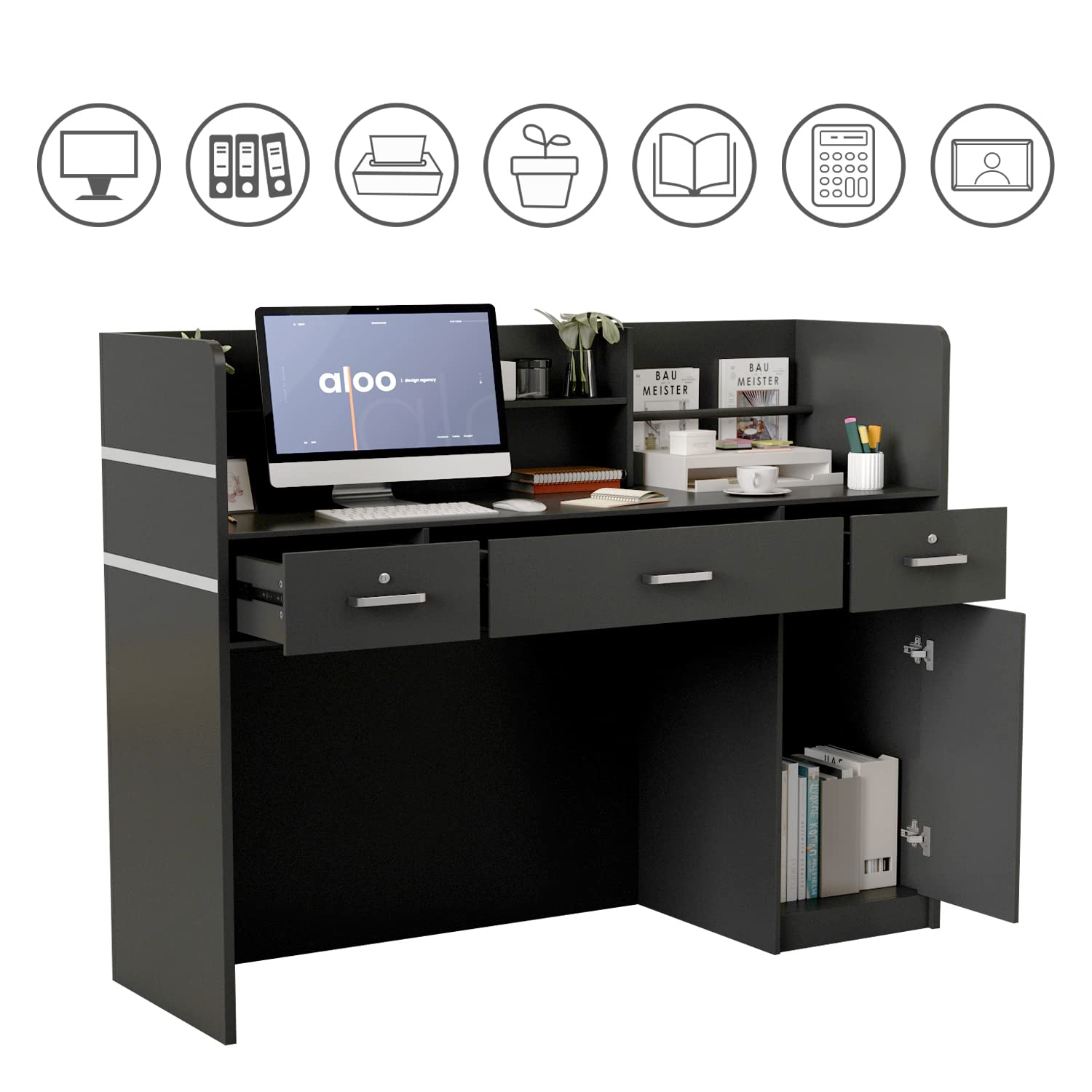Wooden Reception Desk with Open Shelf & Lockable Drawers - Office Counter for Reception Room (Black) - Perfect for Corporate Lobbies