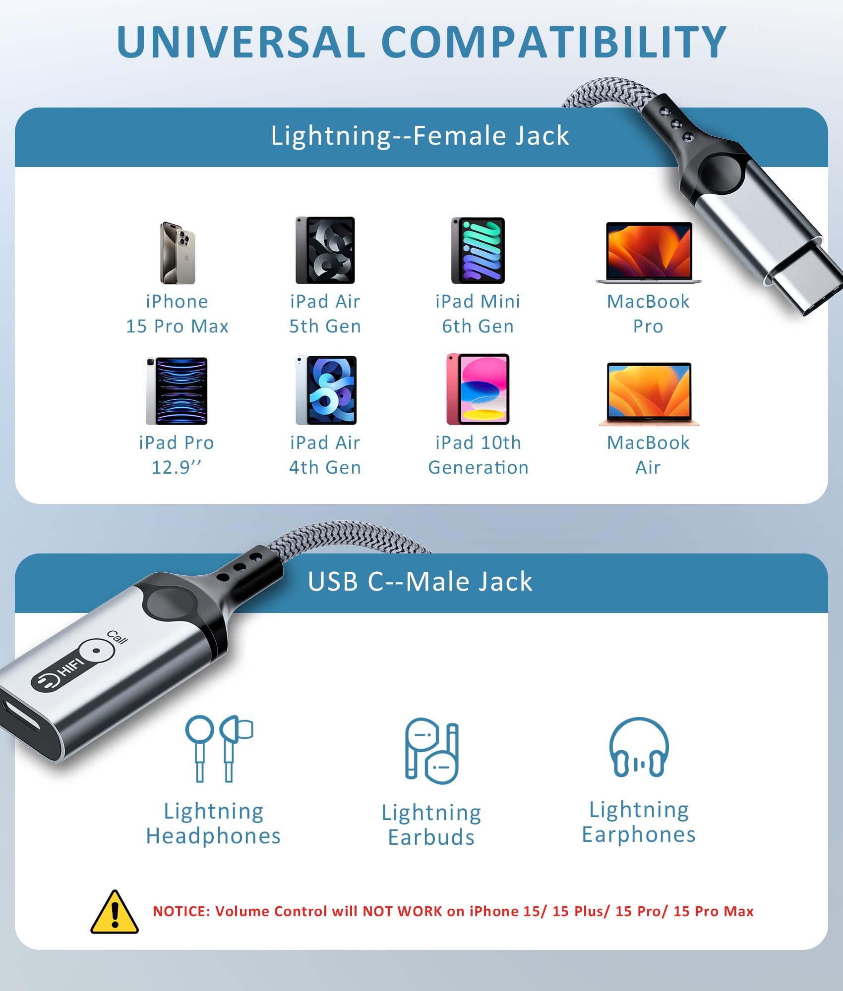 USB C to Lightning Audio Adapter for iPhone 15/16 Pro Max, iPad Pro, iPad 10, iPad Air 5/4 & Mini 6 - 3.5mm Headphone Jack Converter for MacBook Pro - No Charging Support - Perfect for Music, Gaming & Hands-Free Calls
