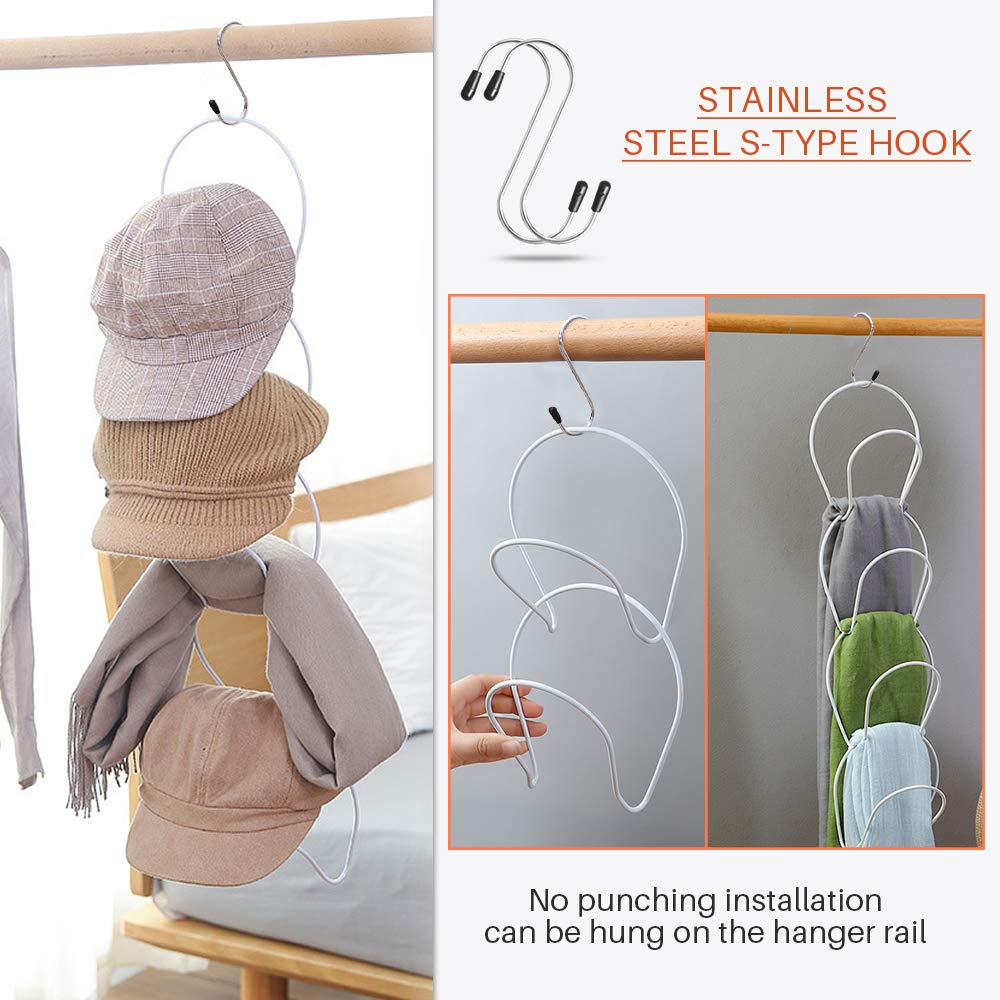 10-Ring Hat Rack Organizer with Door Hooks & Sticky Hooks - Wall/Door/Closet Mountable Cap Storage for Baseball Caps, Hats & Towels (White, Round) - Perfect for Bedroom, Entryway & Garage Organization