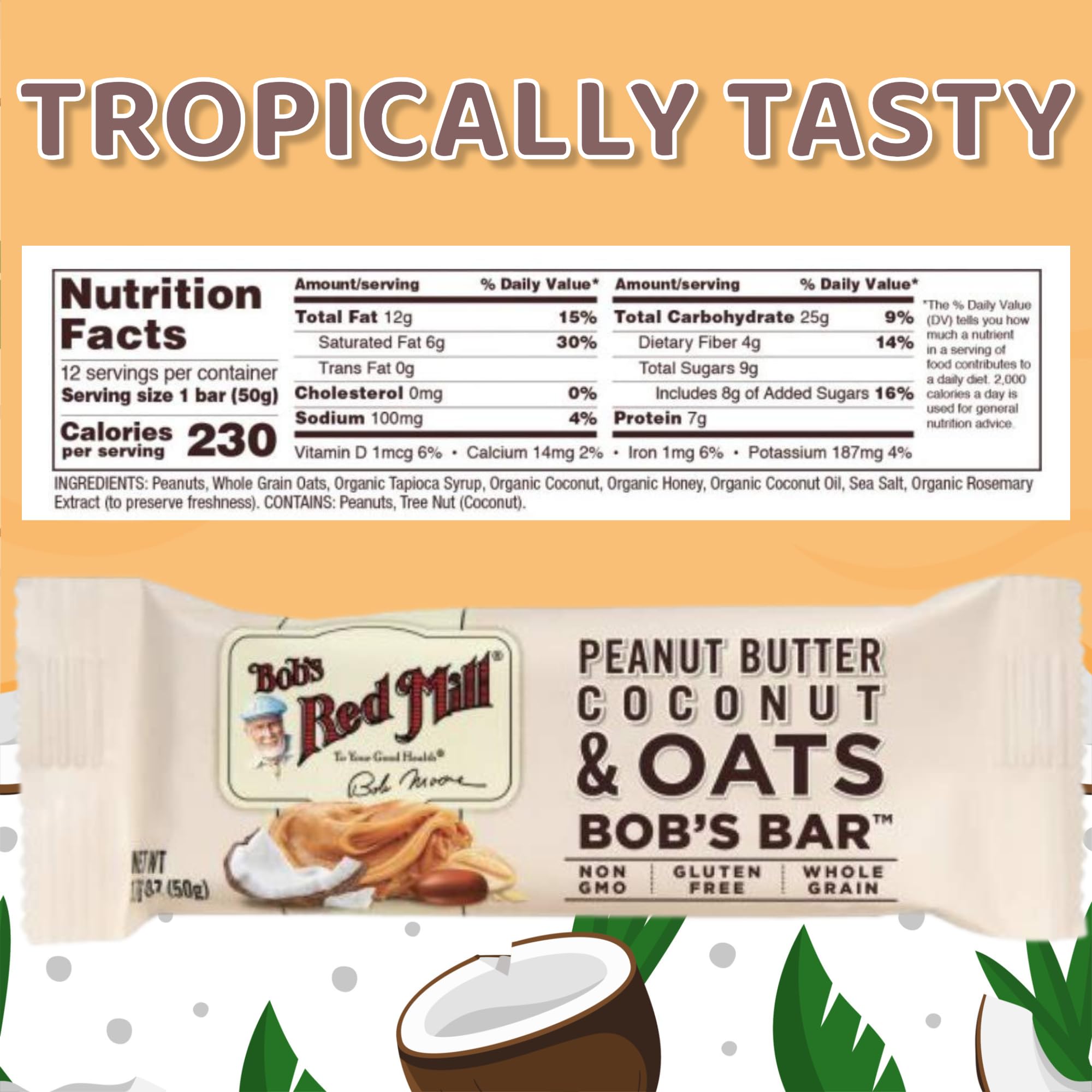 Bob's Red Mill Peanut Butter Coconut Banana Honey Jelly Oat Bars - 1.76oz (8 Pack) - Healthy Snack for Hiking, School Lunch & On-the-Go Energy Boost