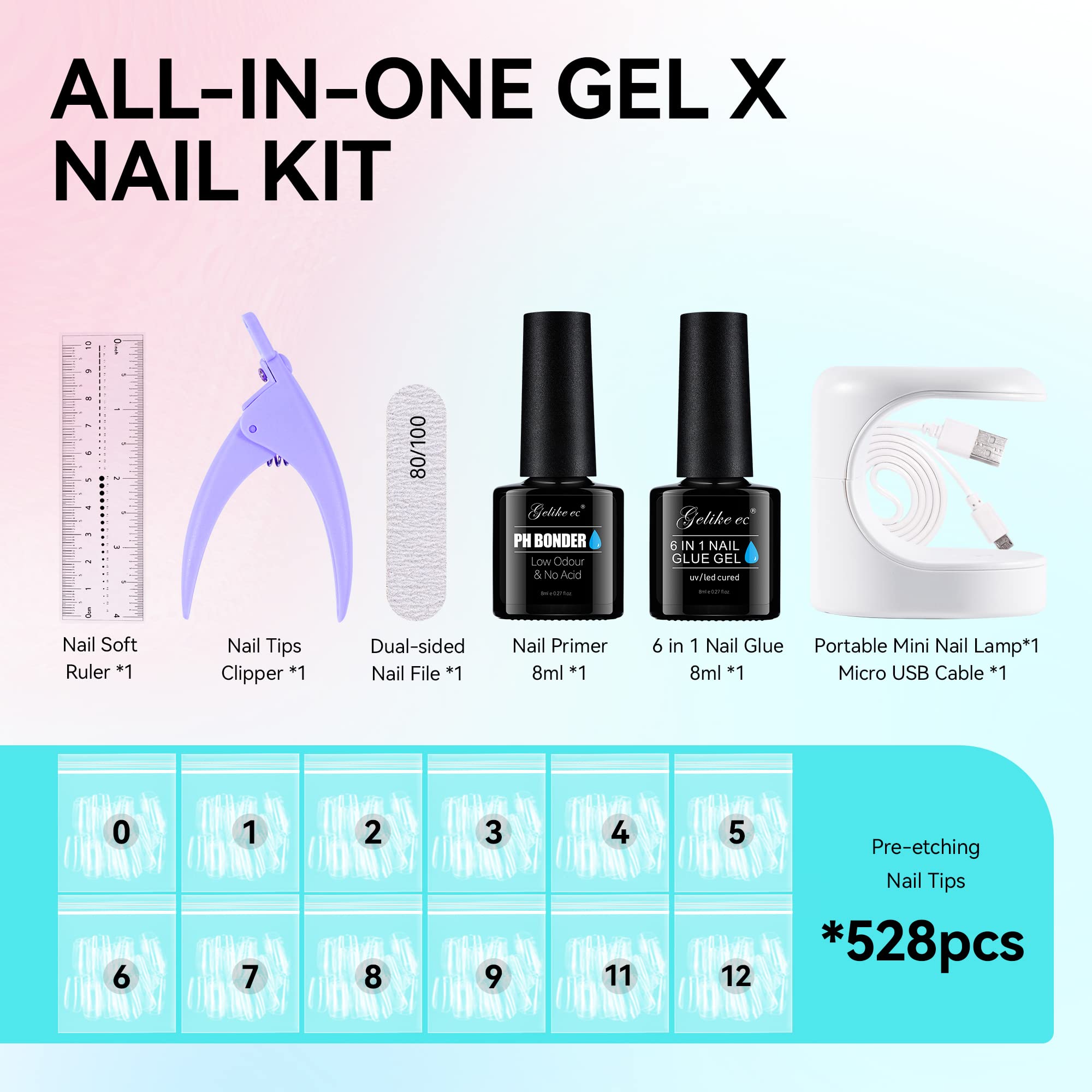 **Gelike 6-in-1 Gel Nail Kit with LED Lamp – 528pcs Short Square Tips & Nail Art Tools for DIY Home Manicure | Professional Salon-Quality Nails for Beginners, Gifts & Special Occasions | Perfect for Home Use, Bridal Nails, Holiday Nail Art, Parties & Travel**    *(Ideal for at-home manicures, weddings, birthdays, vacations, and salon-style nail designs on the go!)*