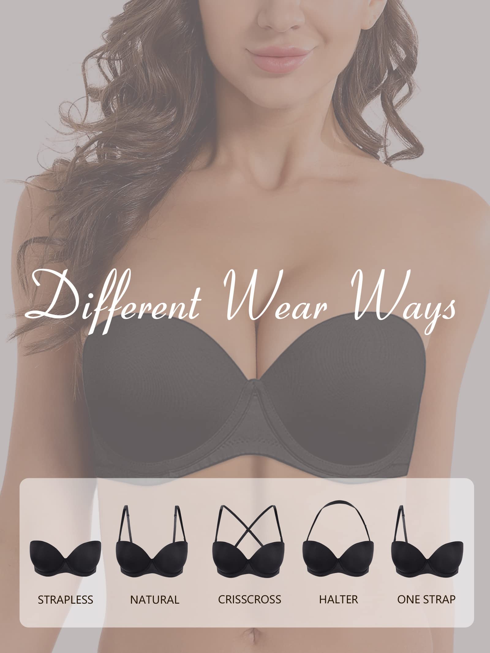 Women's Push Up Strapless Bra - Thick Padded Lift & Support Convertible Bras with Clear Straps | Perfect for Backless Dresses, Formal Wear & Special Occasions