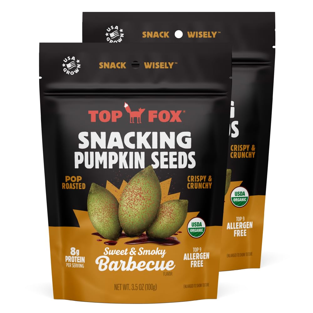 Organic Pop-Roasted Pumpkin Seeds by Top Fox - Healthy Protein Snacks, Gluten Free, Keto & Vegan Friendly (BBQ Flavor, 3.5oz - 2 Pack) | Perfect for On-the-Go Snacking, Workout Fuel & Healthy Lifestyle