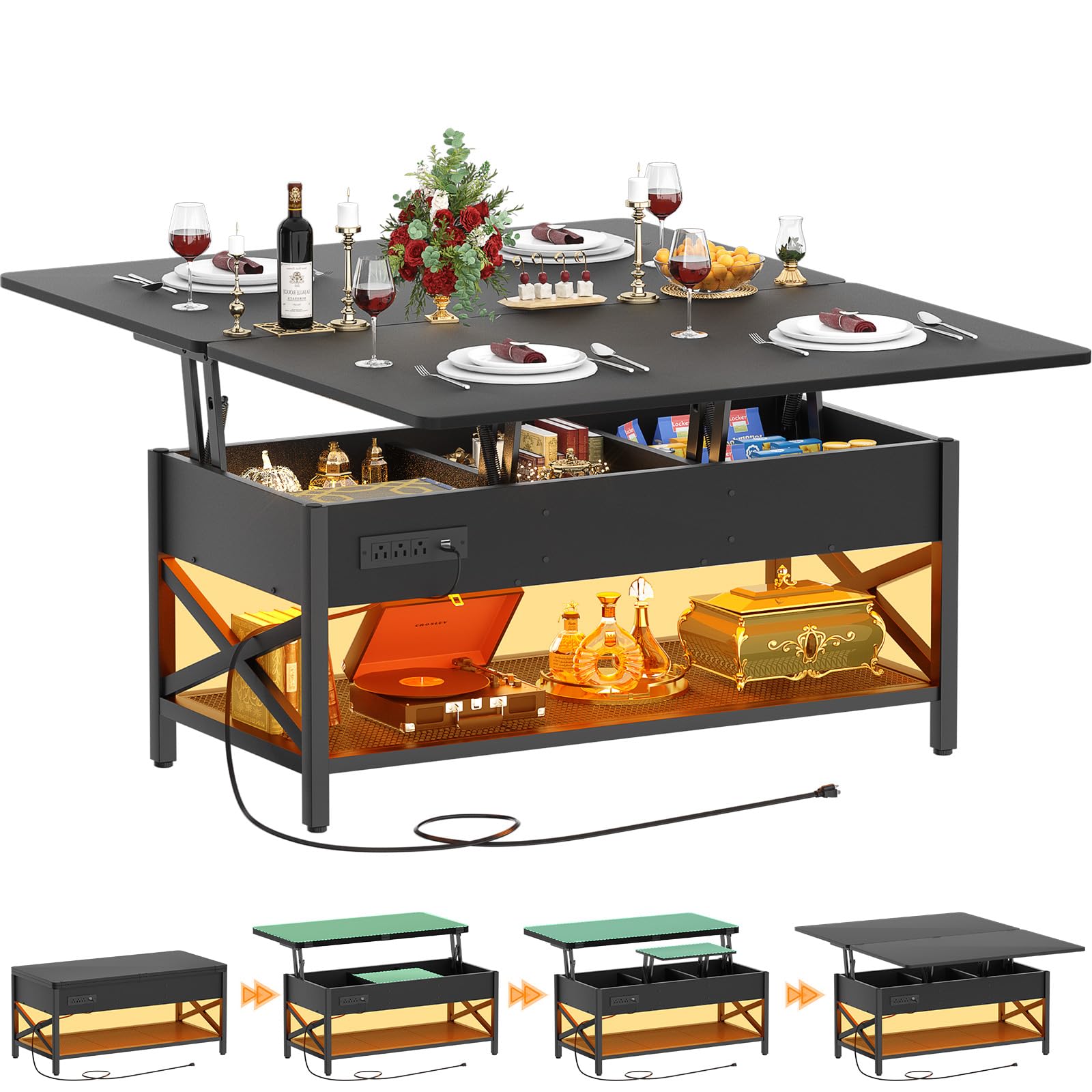 Aheaplus Multi-Function Lift Top Coffee Table with LED Light & Power Outlet, Converts to Dining Table, Center Table with Shelves for Living Room, Home Office, Reception, Perfect for Small Spaces and Modern Homes