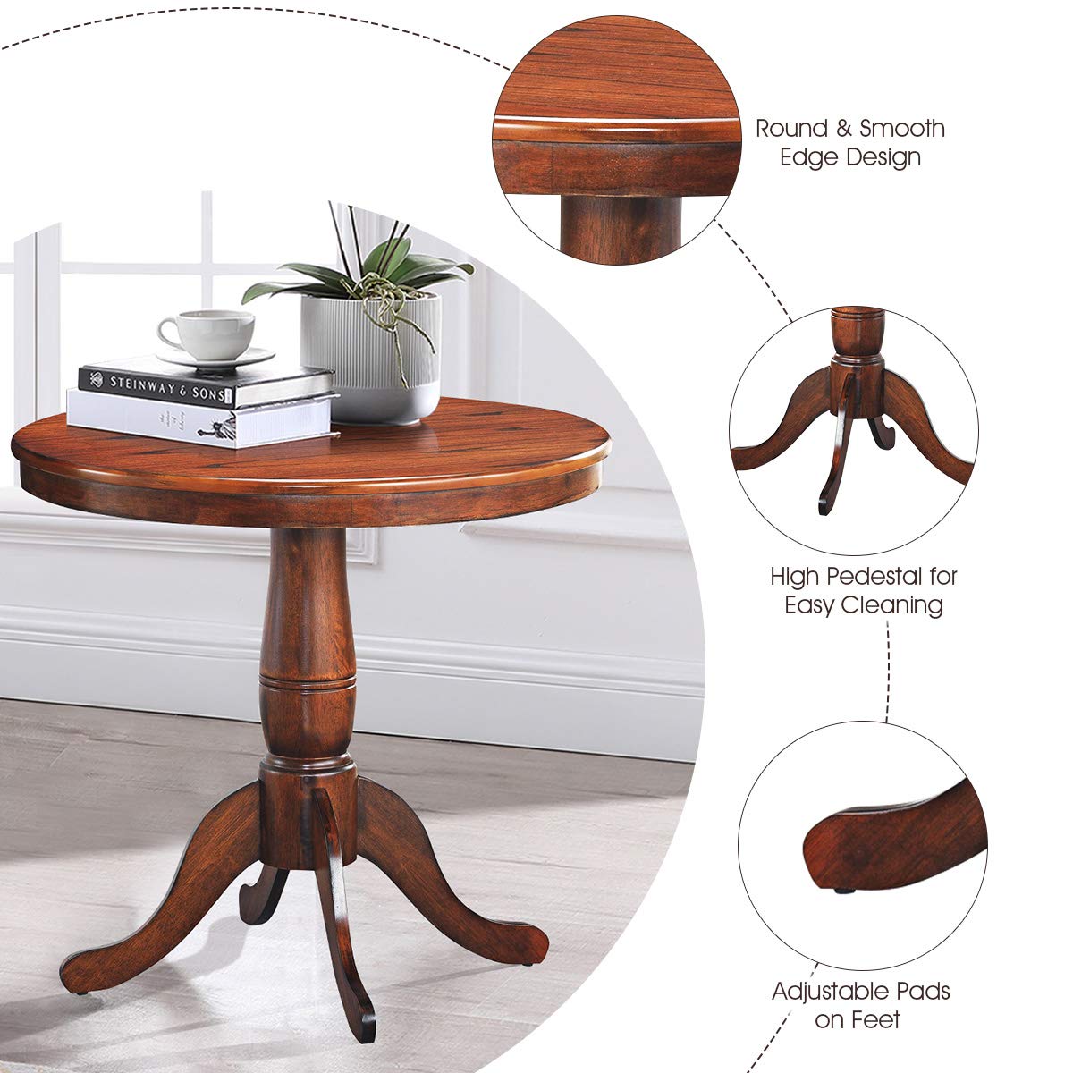 MIDDOW 32 Inch Round Dining Table - Solid Rubber Wood Pub Table with Smooth Edges & Foot Pads, Multi-Purpose Side Table for Kitchen, Restaurant, Cafe, Living Room (Walnut Finish, Model HW63397) - Perfect for Small Space Dining, Coffee Break, and Home Office Workspace