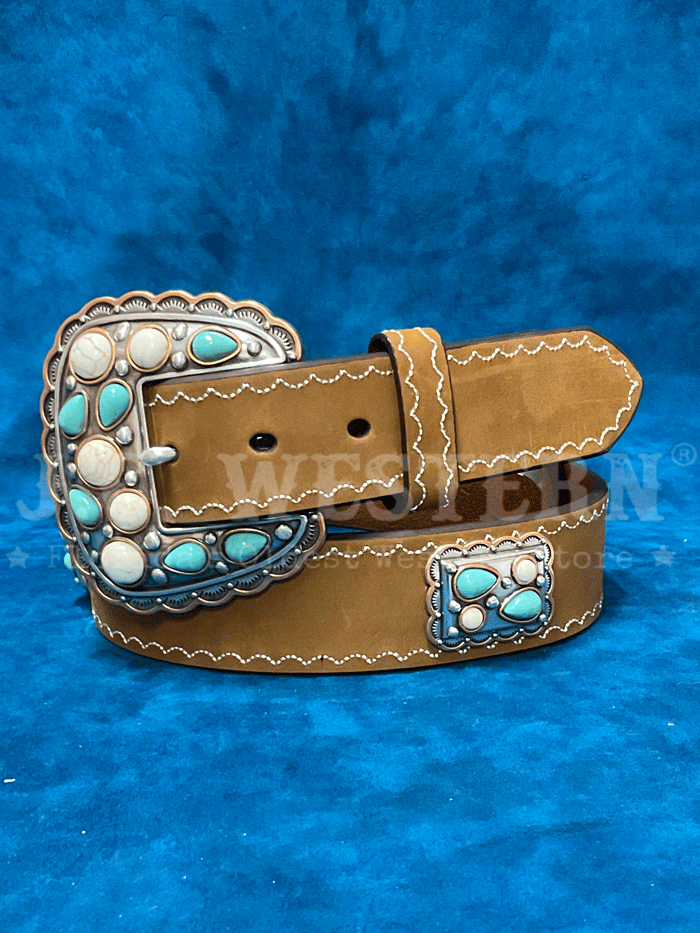 Angel Ranch D140007502 Women's Rectangle Scalloped Conchos Belt in Tan - Perfect for Western Outfits, Cowgirl Style & Casual Wear