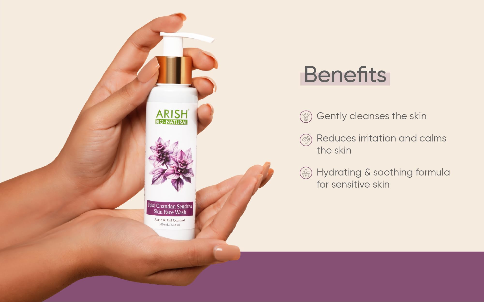 **Arish Bio-Natural Tulsi Sandalwood Face Wash for Sensitive Skin – Soothing & Hydrating Formula with Tulsi Oil, Sandalwood & Aloe Vera – Calms Irritation & Deep Cleanses – 100ml | Perfect for Daily Skincare & Post-Workout Refreshment**