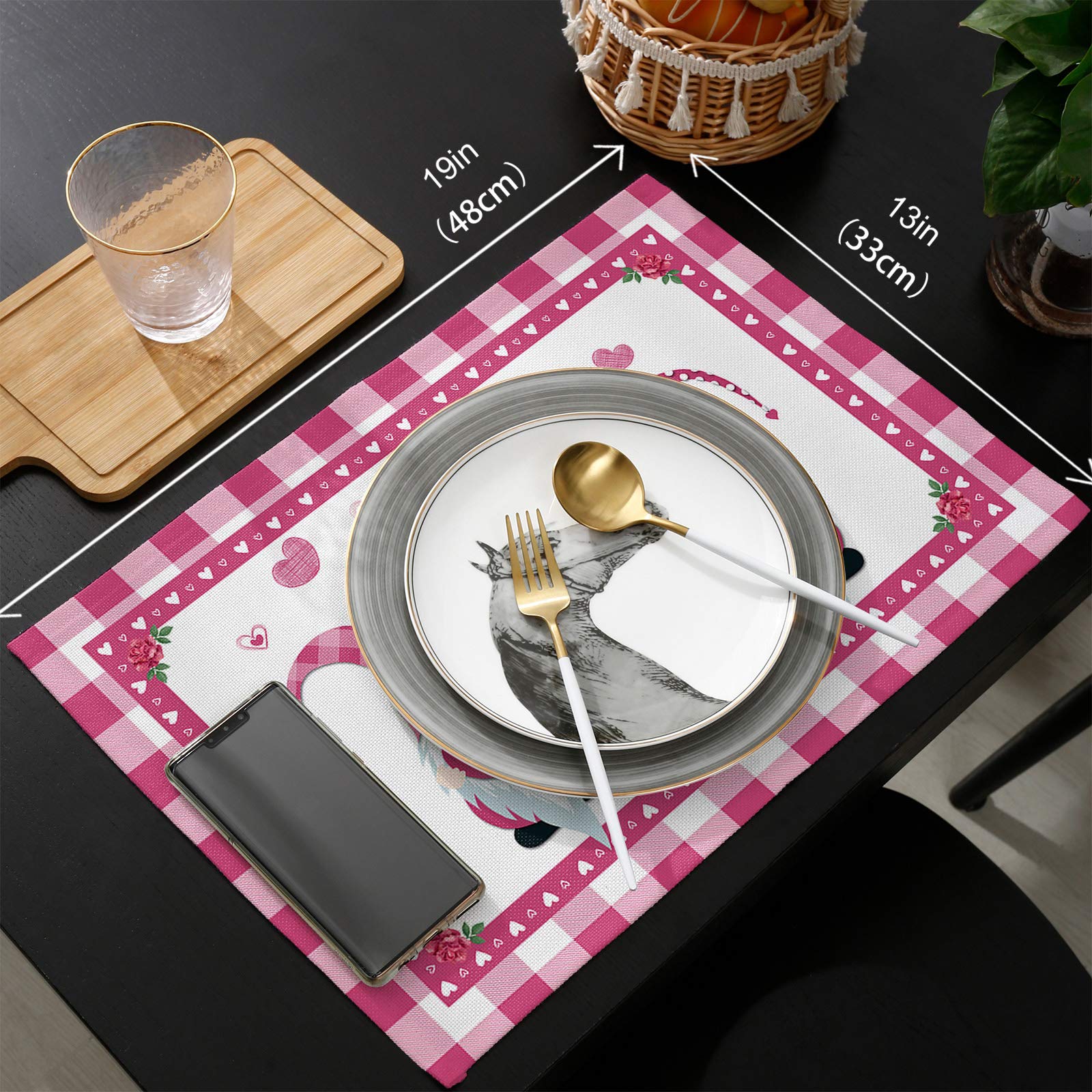 Valentine's Day Placemats Set of 4 - Pink Gnome Heart Design, Rose Pink Buffalo Check Plaid Table Mats for Dining Table - Non-Slip Home Decor for Wedding, Party & Romantic Dinners