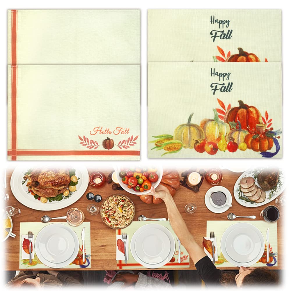 Maple Leaves Pumpkin Fall Placemats Set of 4 - Linen Thanksgiving Table Mats for Dining, Harvest Decor - Perfect for Autumn Gatherings, Thanksgiving Dinner, and Seasonal Home Kitchen Decor