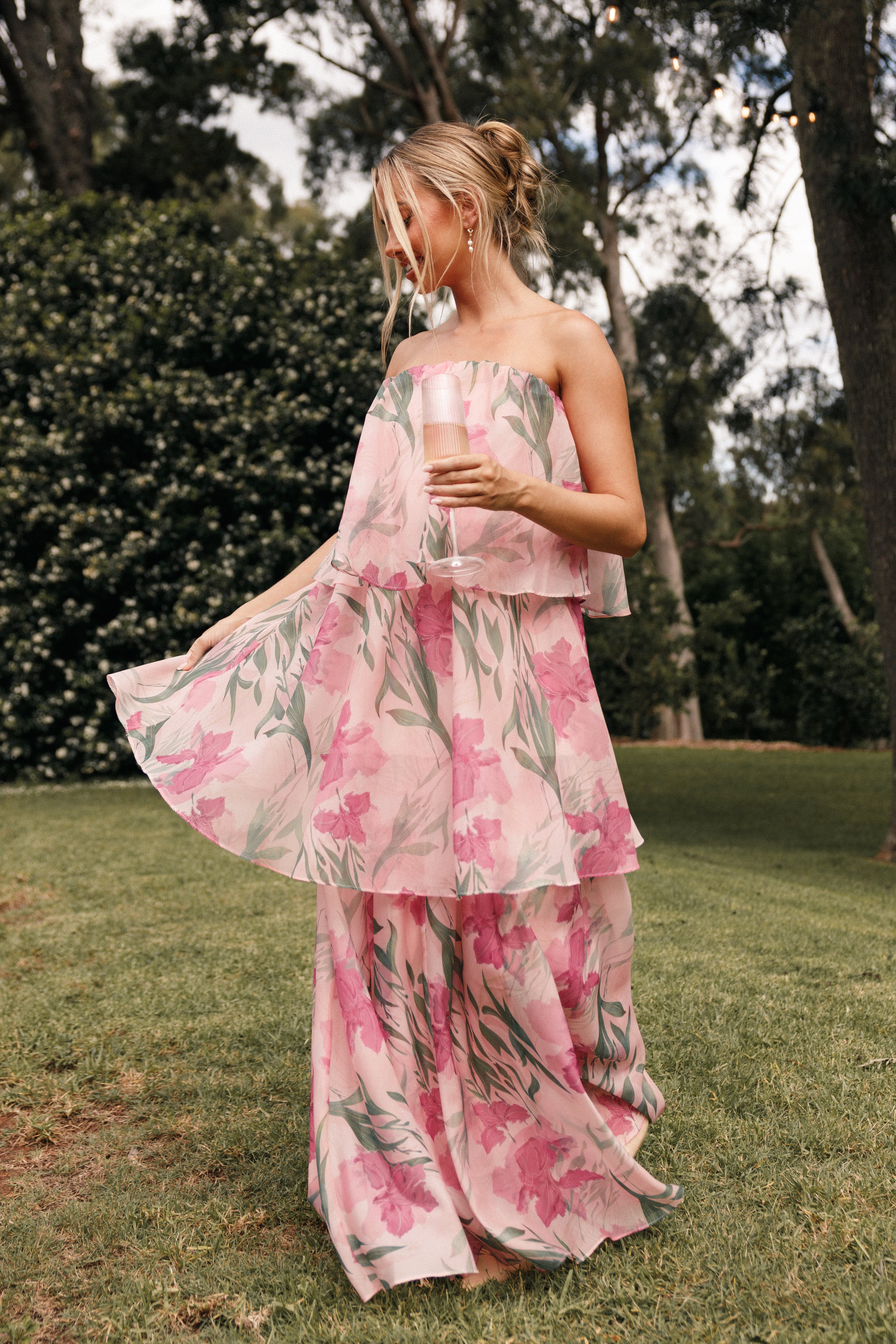 Strapless Maxi Dress - Pink Floral Print Summer Beach Dress for Women | Perfect for Vacations, Weddings & Outdoor Parties