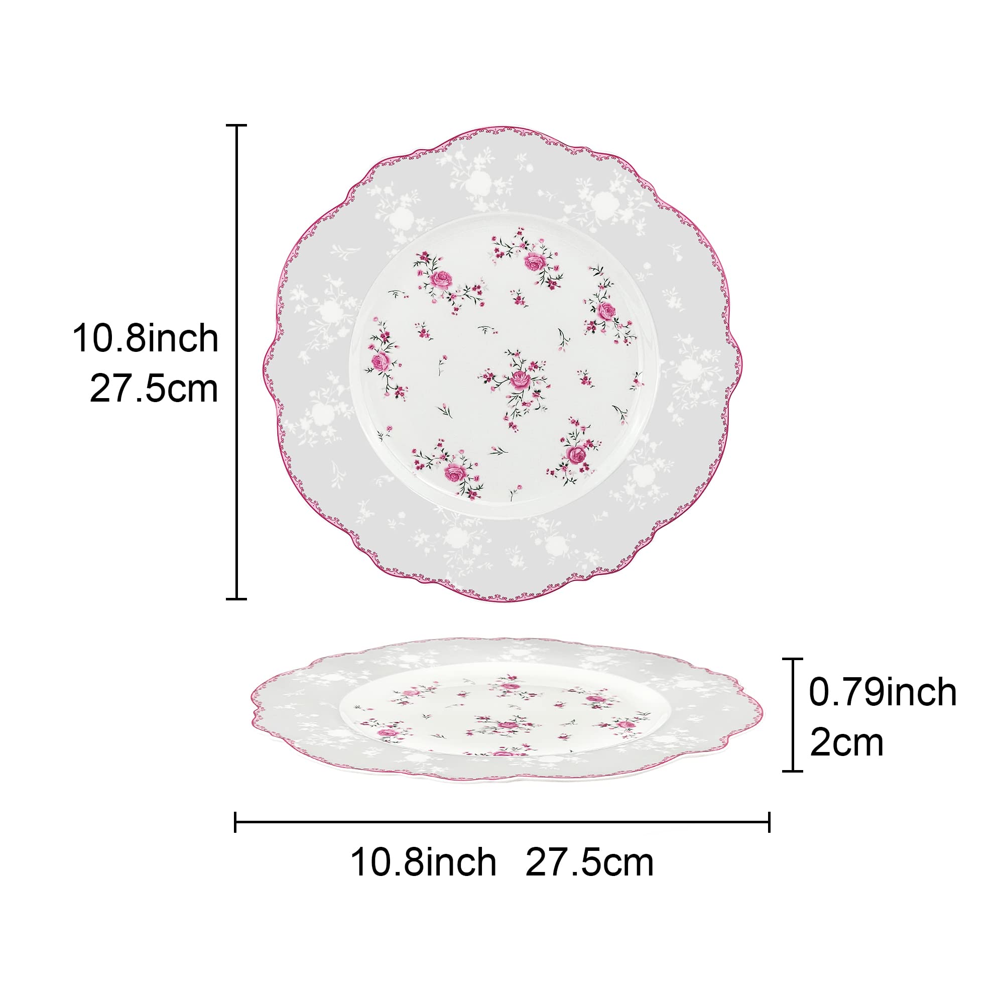 Fanquare 10 Inch Porcelain Dinner Plates Set of 4 - Elegant Lace Design Plates for Salad, Pasta, Soup & Dessert - Romantic Pink Roses Pattern - Perfect for Dinner Parties, Wedding Receptions & Home Decor