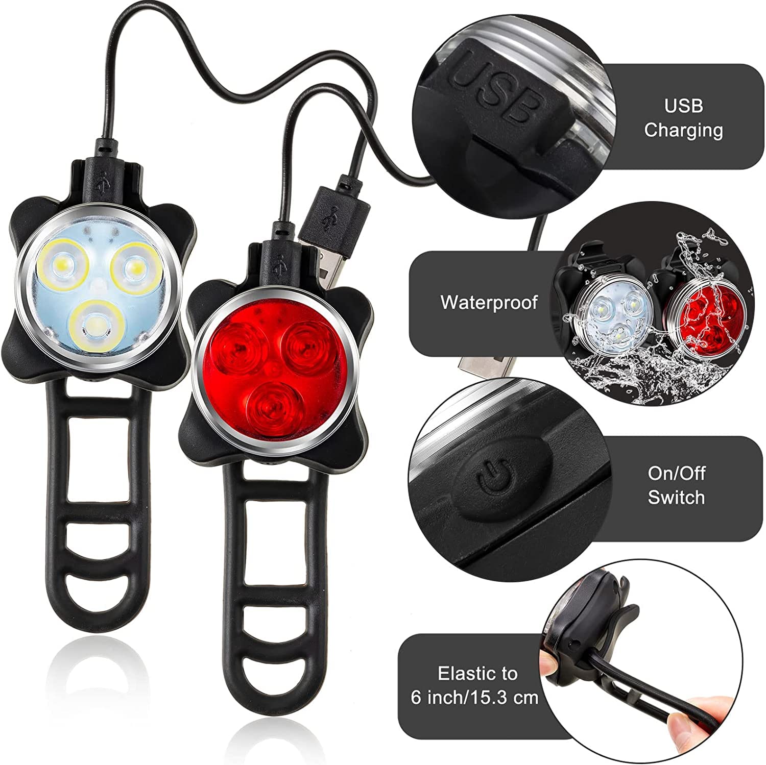 Super Bright Rechargeable Bike Light Set - 4 LED Lights for Cycling Safety