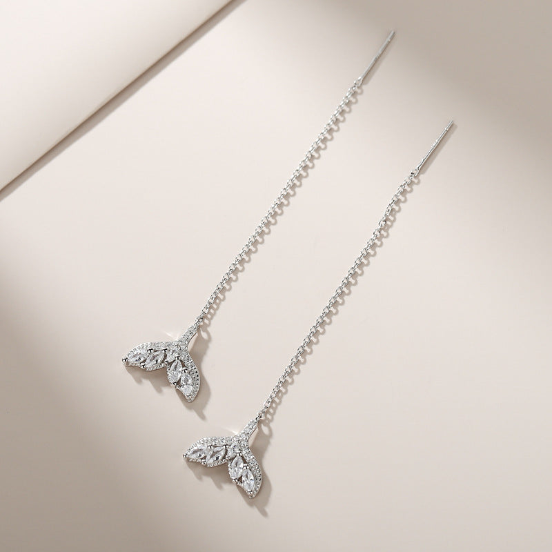 Tiny Mermaid Tail Diamond Threader Earrings - Delicate Silver Dainty Earrings for Women | Perfect for Beach Parties, Mermaid Themed Events & Everyday Wear | A8449