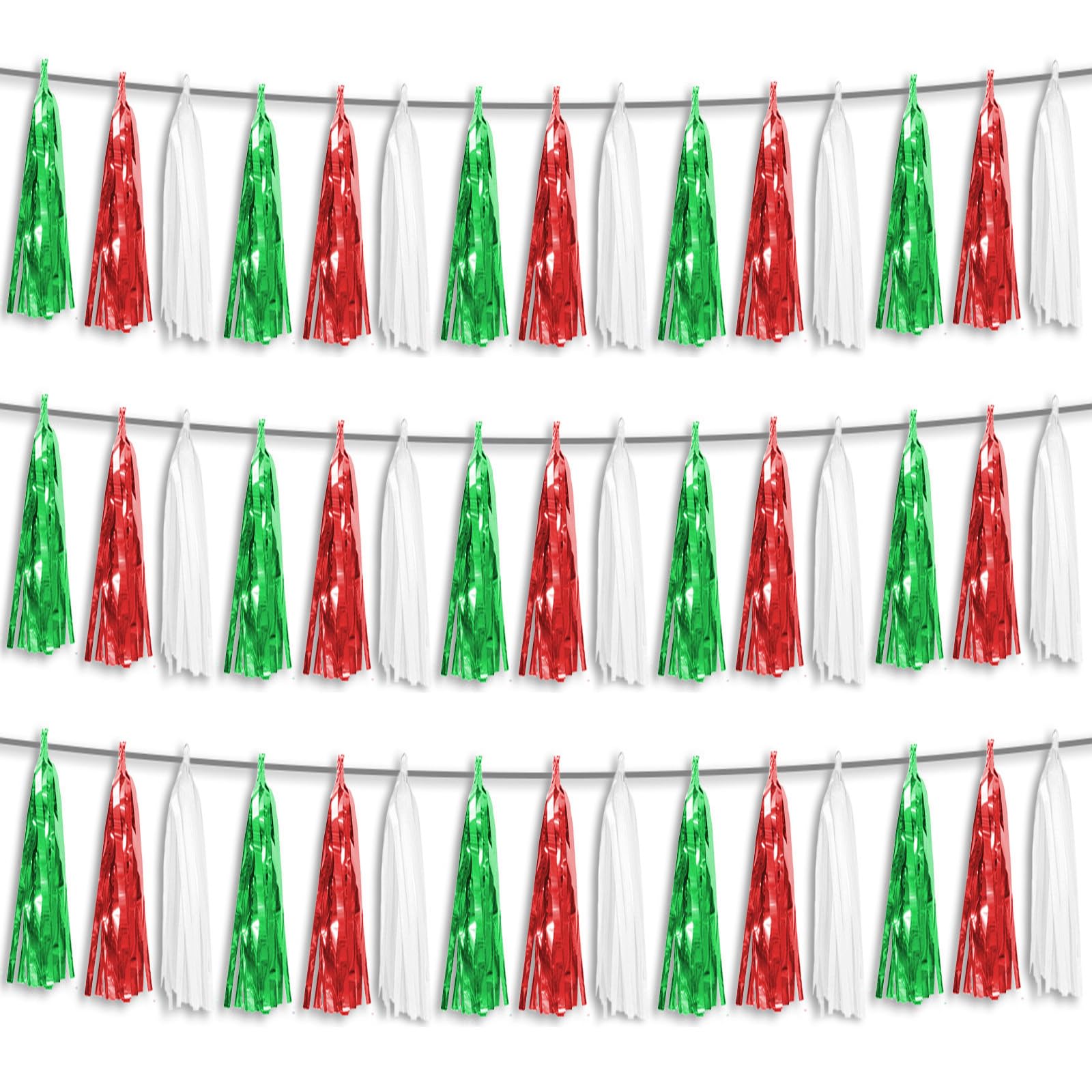 3P Red Green White Foil Fringe Metallic Tassel Streamers - Party Decorations for Parade Floats, Graduation, Wedding, Birthday, Halloween, Christmas & Mexican Italian Themed Parties | Perfect for Ceiling, Wall & Table Decor