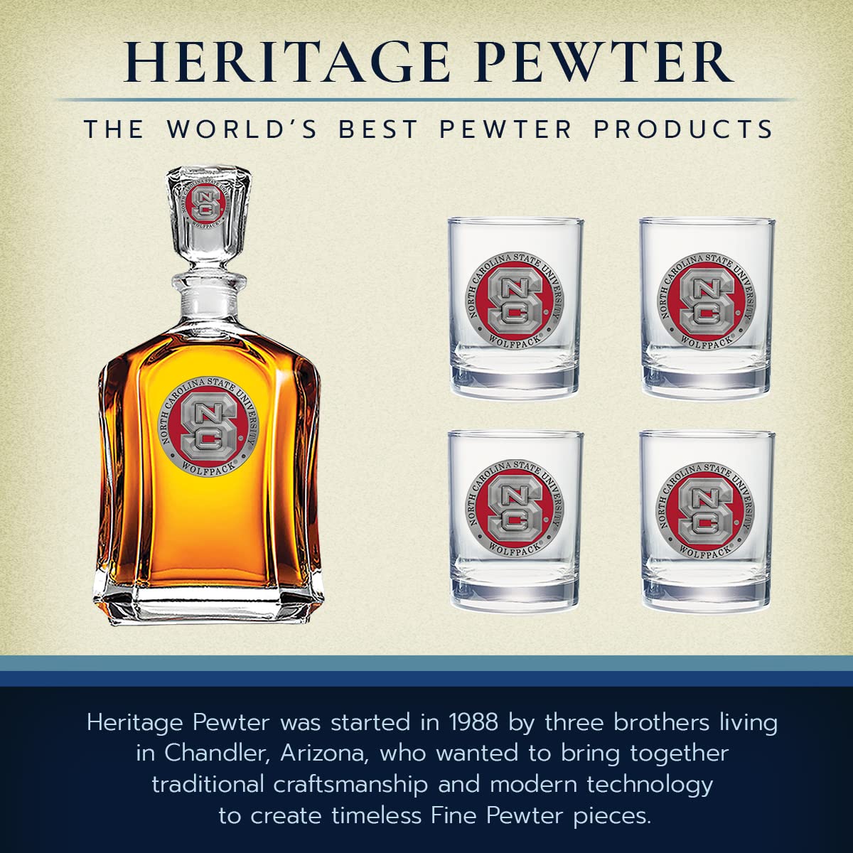 NCSU Capitol Decanter Chest Set - 24oz Premium Liquor Pourer with 4 Double Old-Fashioned Glasses | Handcrafted Pewter Barware for Whiskey, Bourbon & Scotch | Perfect for Home Bars, Gifts & Entertaining