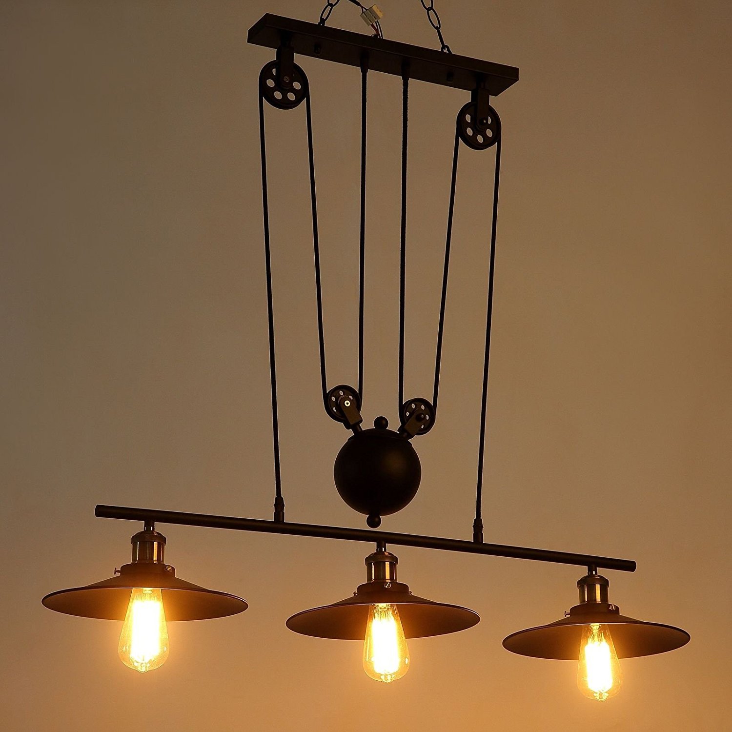 Mozeny 3-Lights Vintage Industrial Pendant Light - Adjustable Retro Pulley Chandelier with Retractable Rise & Fall Mechanism - Iron Metal Ceiling Lamp for Kitchen, Loft, Balcony, Café & Art Gallery - Perfect for Farmhouse, Industrial Decor & Commercial Spaces
