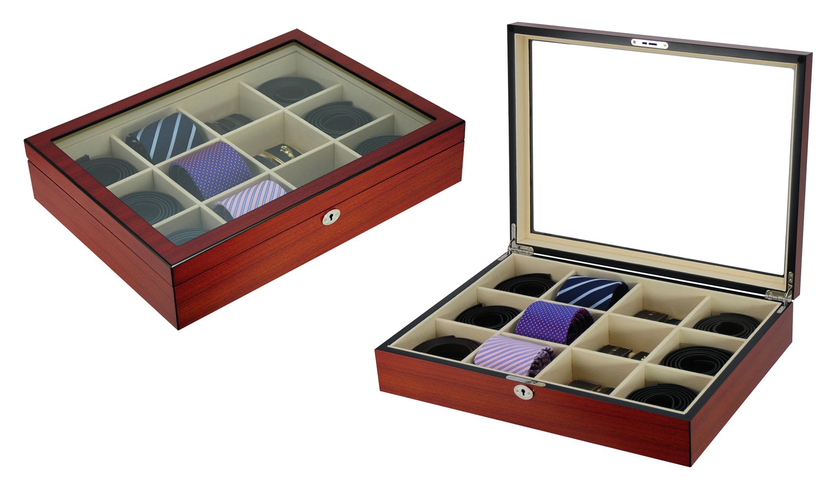 Cherry Wood Display Case for 12 Ties, Belts & Accessories - Premium Storage Box for Men | Perfect Father's Day Gift & Home Office Organization Solution