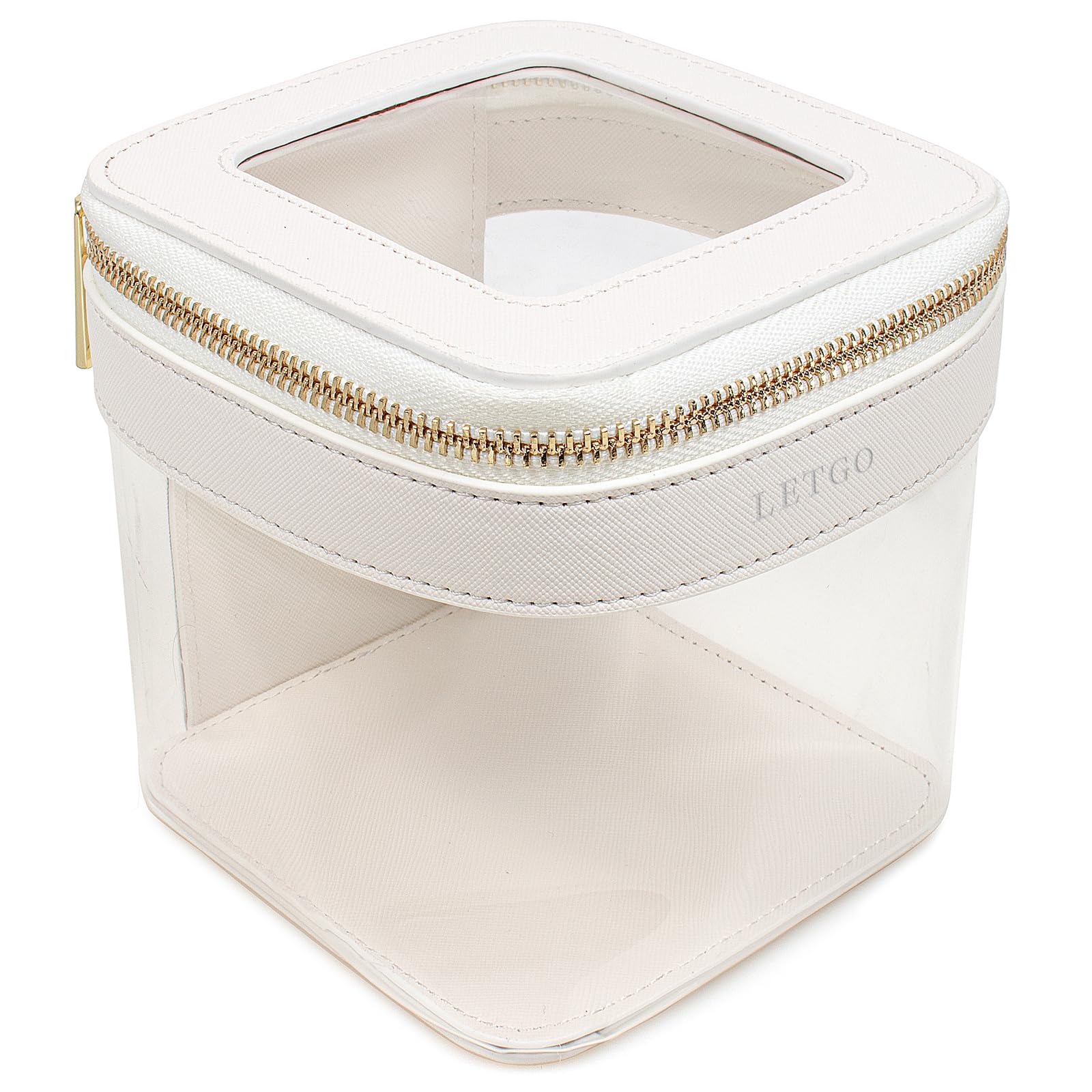 LETGO Clear Makeup Bag - Small Leather Cosmetic Pouch for Women | Mini Travel Organizer for Purse & Car Essentials | Cute Waterproof Makeup Case for Daily Use, Gym & Vacation (White)