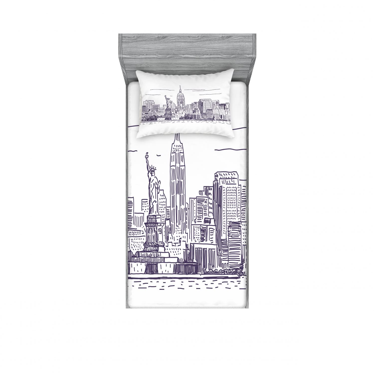 Ambesonne 2-Pack Twin Size Fitted Sheet & Pillow Sham Set - Sketchy NYC Island Design, Purple & White 4-Piece Bedding Set | Perfect for Kids Rooms, Guest Beds & Dorm Decor