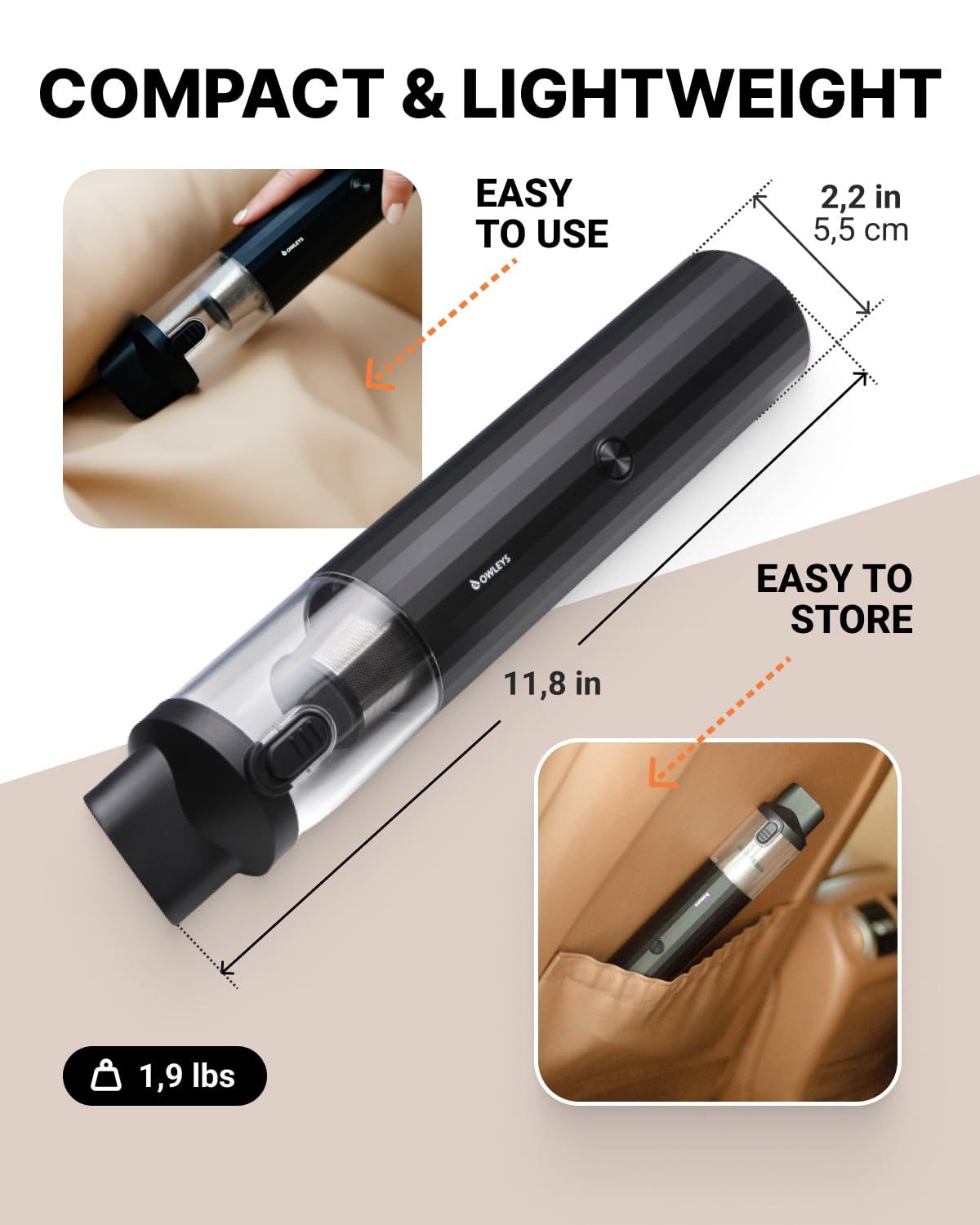 Portable Car Vacuum Cleaner - 12V Cordless Handheld Auto Vacuum for Cars, Trucks & SUVs | Powerful 6000PA Suction | Hard Black | Compact & Lightweight | Ideal for Cleaning Seats, Mats & Tight Spaces