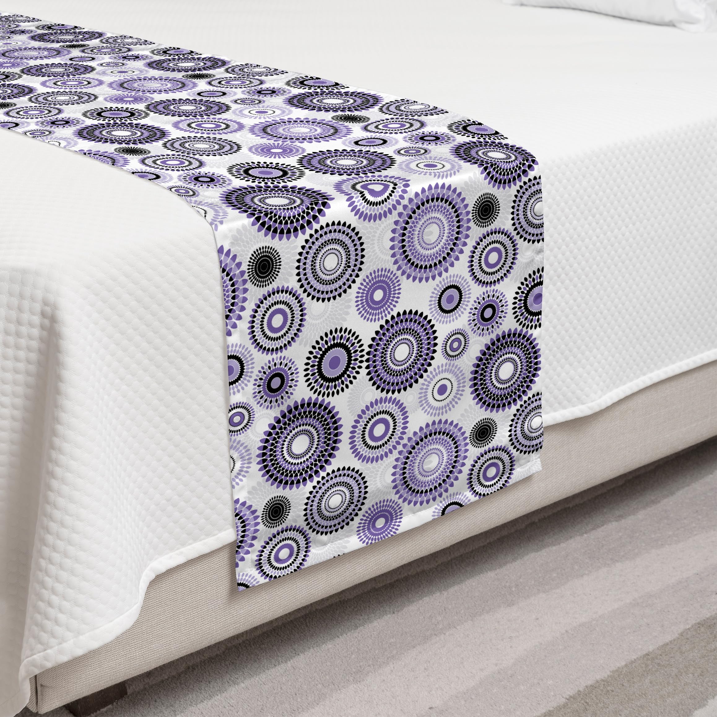 Ambesonne Purple and Black Mandala Bed Runner - Decorative Bed Scarf with Scattered Round Design for Hotels, Homes & Guestrooms - Perfect for Boho, Vintage & Modern Bedroom Decor - Violet, Black & White