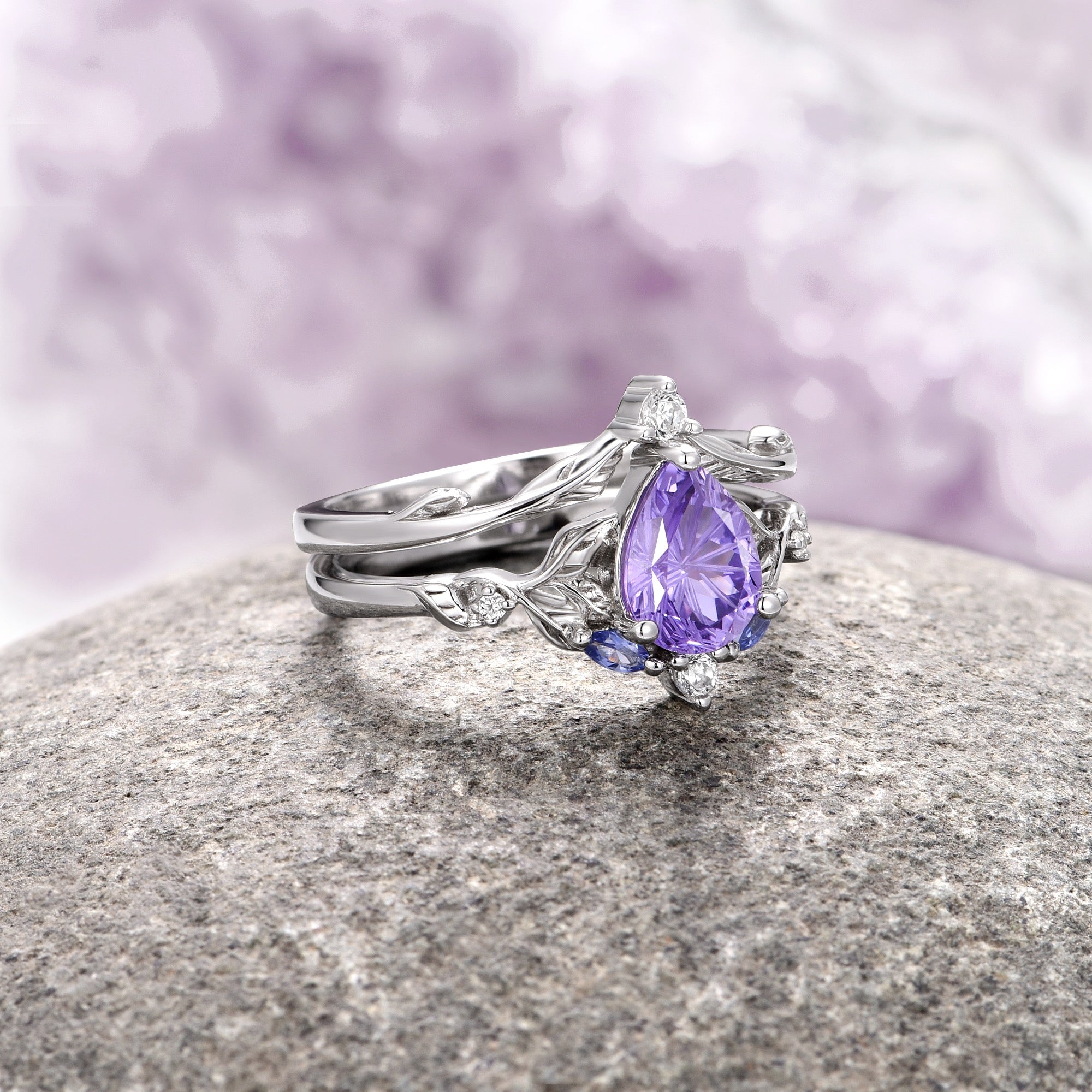Airee Star Cut Lavender Sapphire Ring Set - Sterling Silver Jewelry for Women, Elegant Gift for Anniversary, Wedding, Engagement & Special Occasions