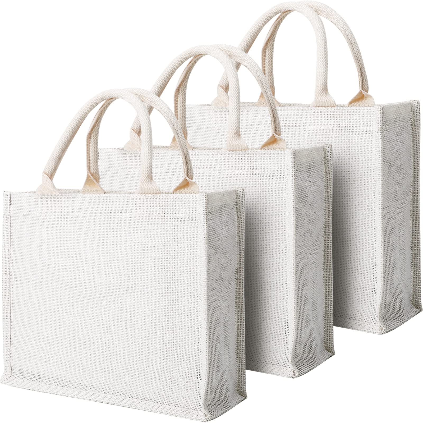 Segarty 3-Pack Small White Burlap Jute Reusable Canvas Tote Bags with Handles - Eco-Friendly Blank Bulk Totes for Bridesmaid Wedding Favors, Grocery Shopping, Beach Trips & Bachelorette Parties | Perfect for Women's Market Bags, Gift Bags & Everyday Use