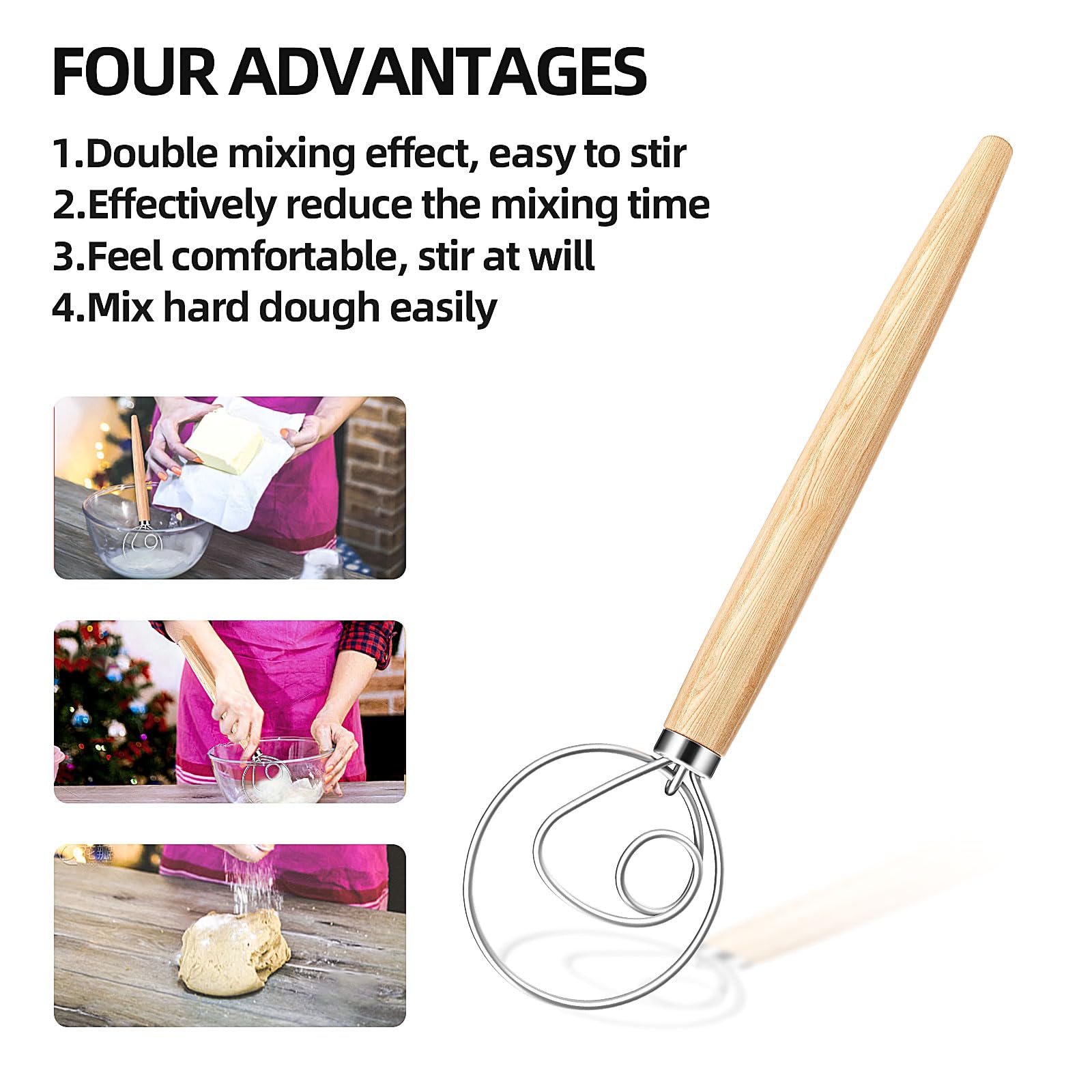 13-Inch Danish Dough Whisk - Premium Wooden Bread Mixing Tool with Stainless Steel Hook - Traditional Dutch Whisk for Sourdough, Pizza Dough, Pastry & Cake Batter (Rubberwood Handle, Silver) - Perfect for Home Bakers & Professional Kitchens