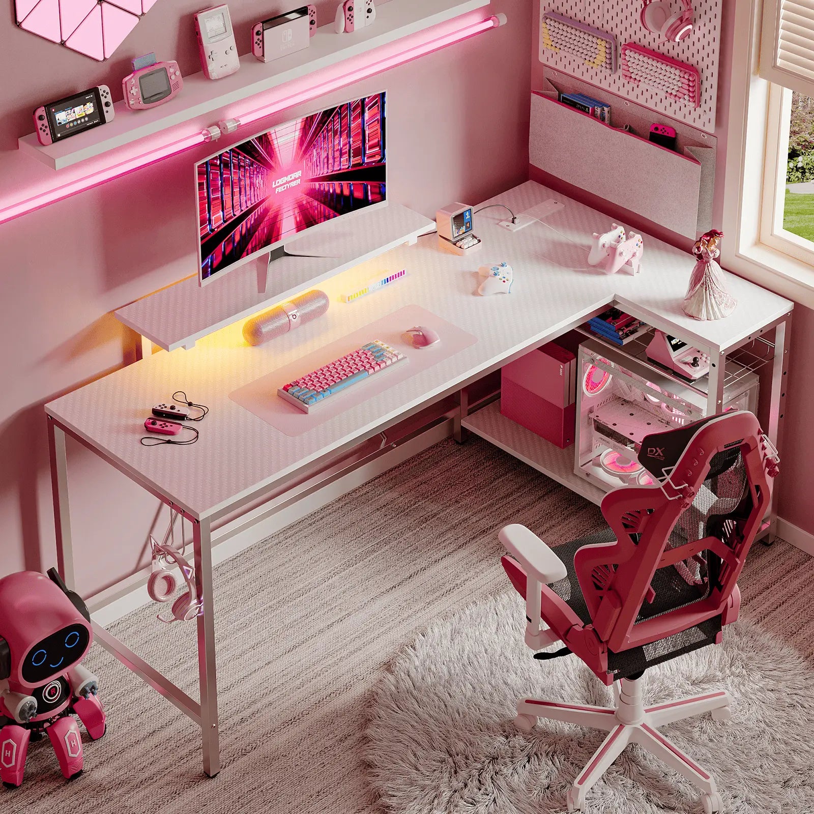 Bestier 58 Inch LED L-Shaped Gaming Desk with Shelves - Ergonomic Computer Desk for Home Office & Gaming Setup - Perfect for PC Gamers, Streamers & Remote Workers