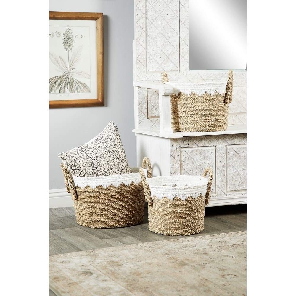 Natural Seagrass Storage Baskets - Large Round Woven Basket with Smocked White Cotton Trim, Handmade Brown Fiber Organizer for Home Decor, Nursery, Laundry & Beach Essentials