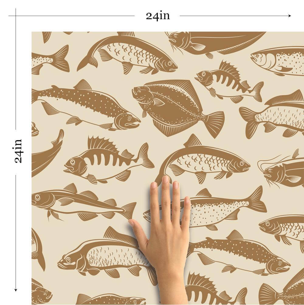 Brown and Beige Fish Nautical Peel and Stick Removable Wallpaper - Self-Adhesive Decorative Wall Covering for Bedroom, Bathroom, Nursery & Office Decor