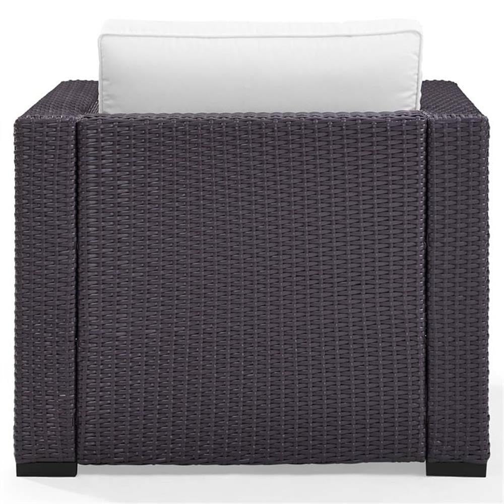 White/Brown Wicker Rattan Fabric Patio Arm Chair - Outdoor Garden, Poolside, or Balcony Relaxation Furniture