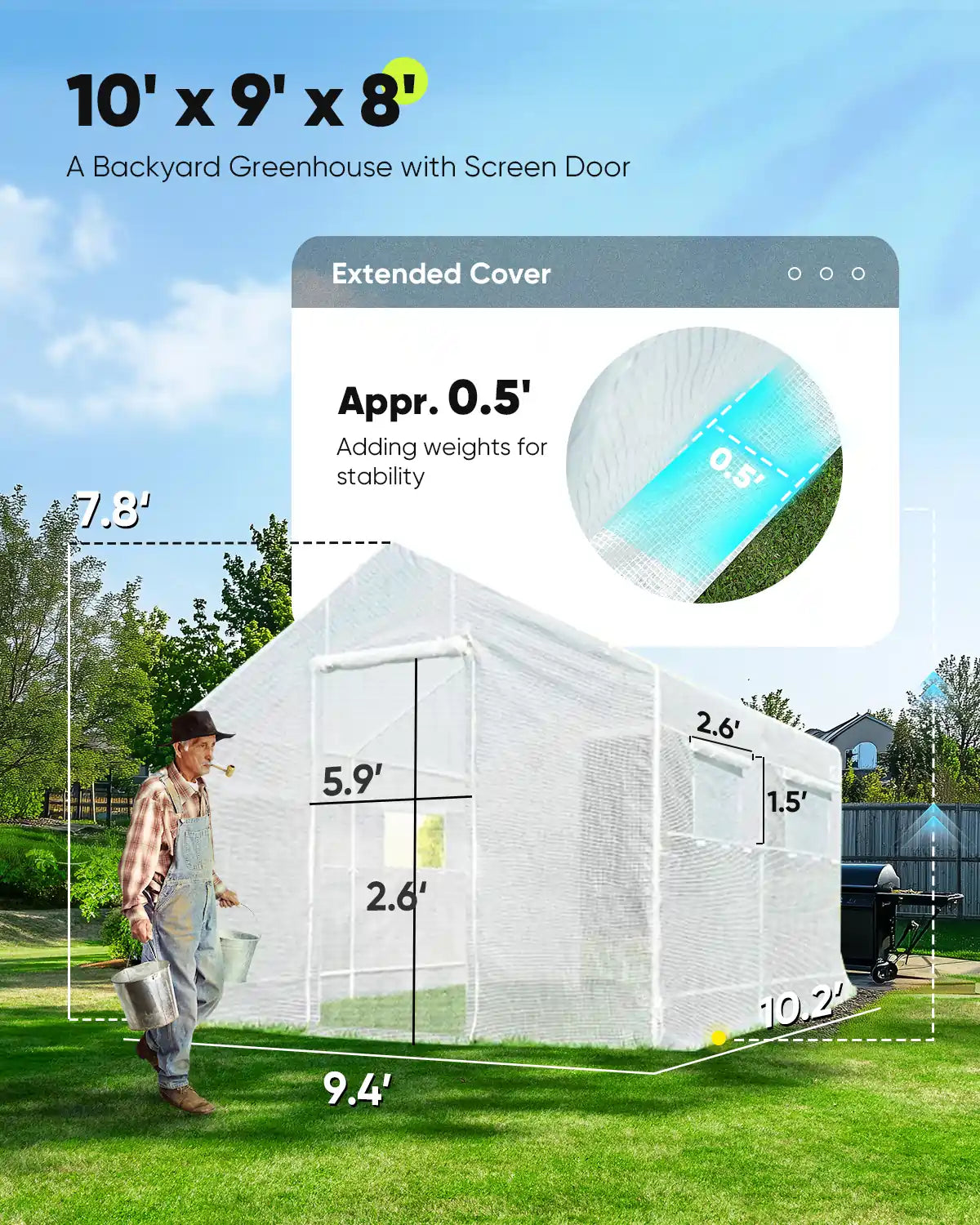 10' x 9' x 8' White Backyard Greenhouse Kit for Gardening, Plant Growing & Seed Starting - Perfect for Outdoor Gardens, Patios & Small Farms