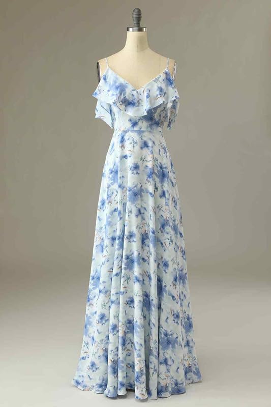 Fokissy Floral Cold Shoulder Bridesmaid Dresses Long Chiffon V-Neck Maxi Dress for Wedding Party, Formal Occasions & Special Events - Elegant Ruffled Gown for Bridesmaids, Prom & Evening Wear