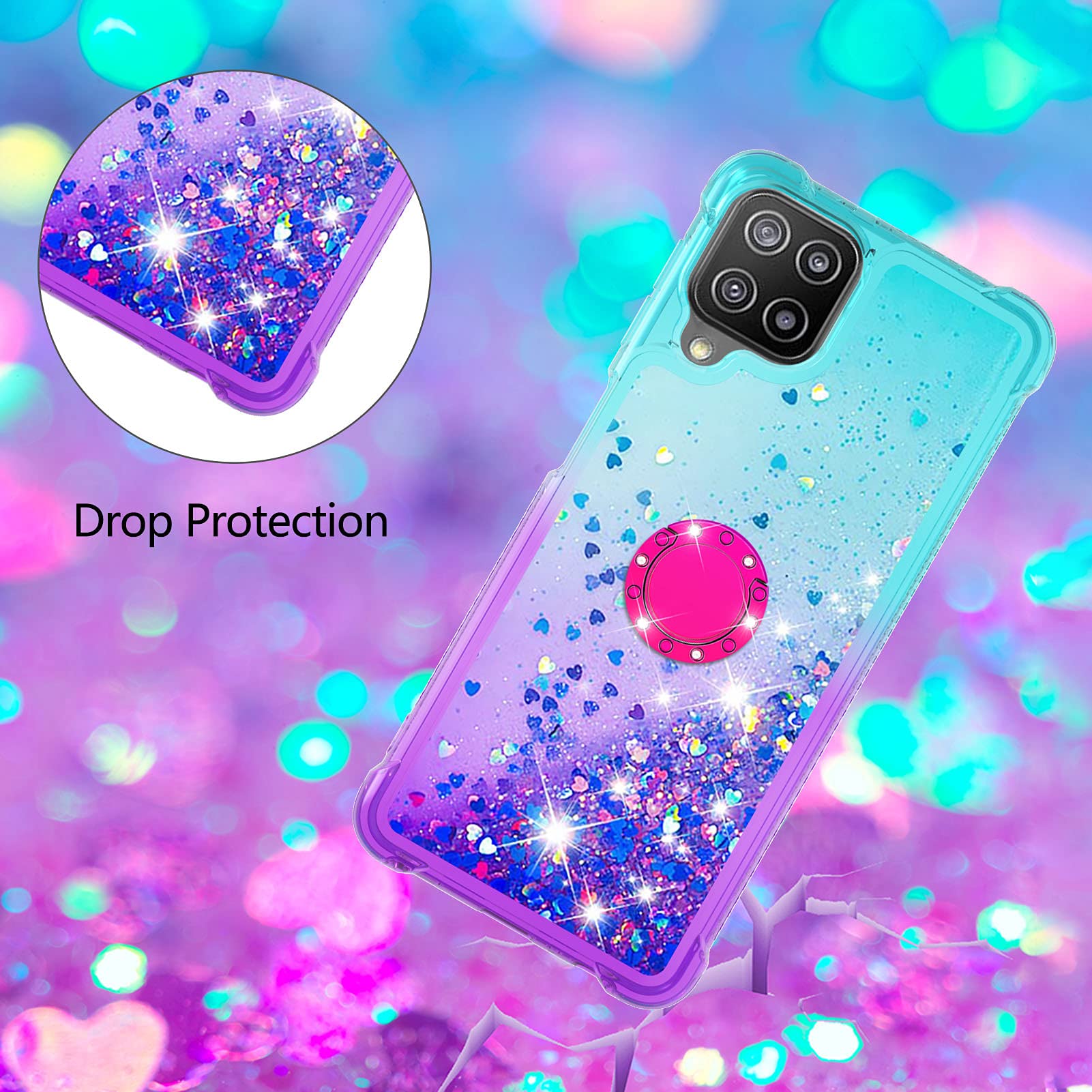 Samsung Galaxy A22 4G Case with Ring Holder - Clear Gradient Quicksand Glitter Floating Liquid TPU Phone Cover (Bluish Violet) | Shockproof Protective Case for Everyday Use, Work & Travel