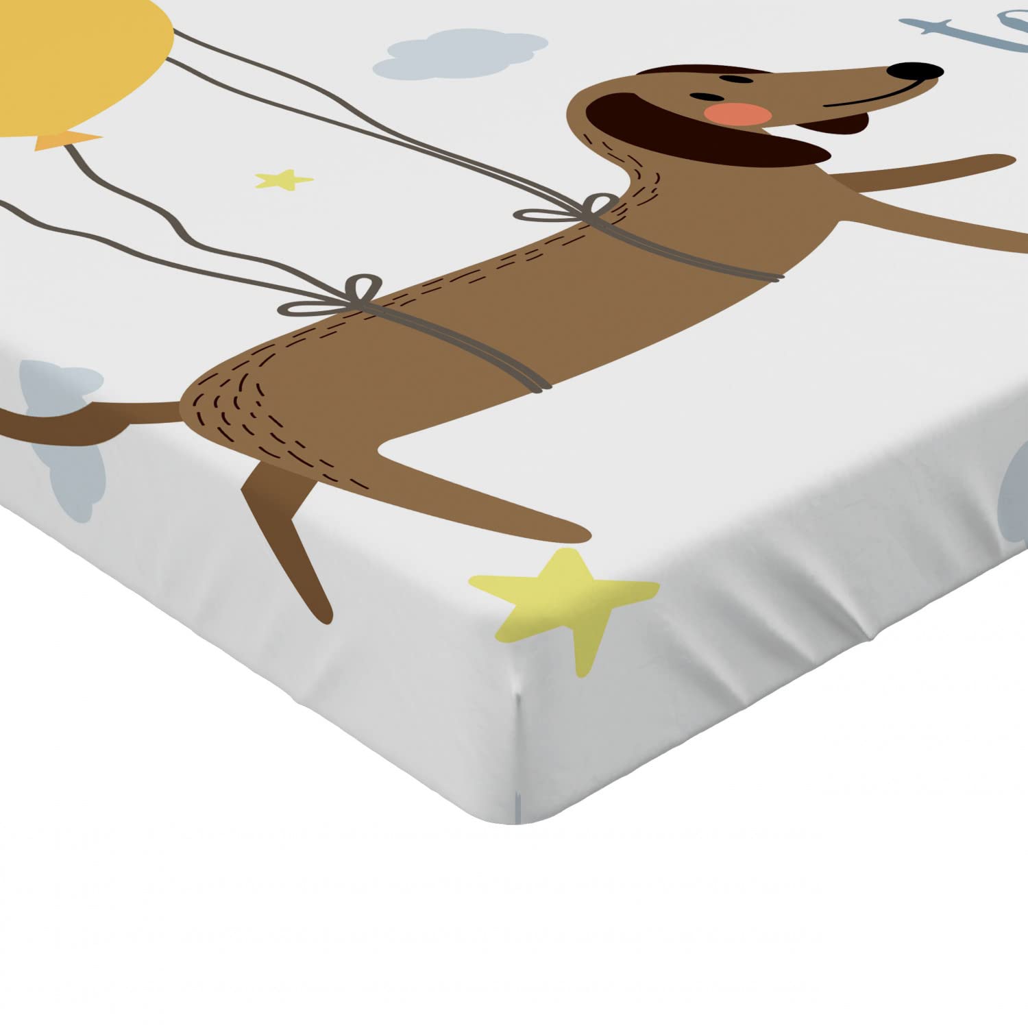 Ambesonne Dog Balloons Fitted Sheet, Queen Size - Blue Grey Yellow Cocoa for Pet Lovers Bedroom