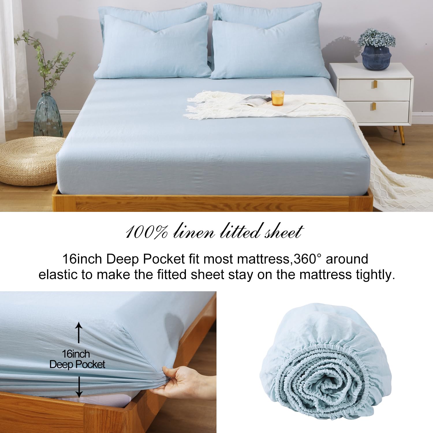 100% Organic Washed French Flax Linen Sheets Set 4Pcs - California King Size, Aqua Blue | Breathable & Hypoallergenic Bedding for All Seasons | Perfect for Eco-Friendly Homes, Guest Rooms & Luxury Hotels