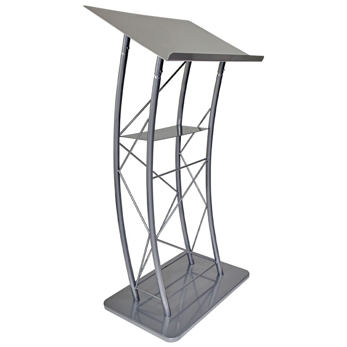 Kingdom KML2S Large Curved Lectern with Shelf - Silver Powder Coat Metal Church Pulpit, Conference Podium for Speeches, Presentations, Weddings, and Corporate Events