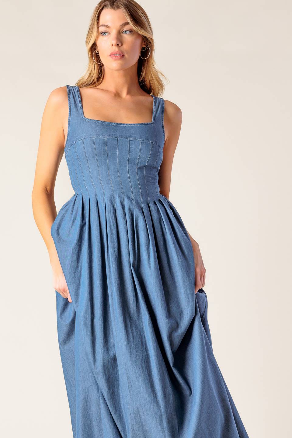 Blue Ridge Dreams Pintuck Denim Midi Dress - Women's Casual Stretch Denim Dress for Spring & Summer, Perfect for Brunch, Date Night & Outdoor Events