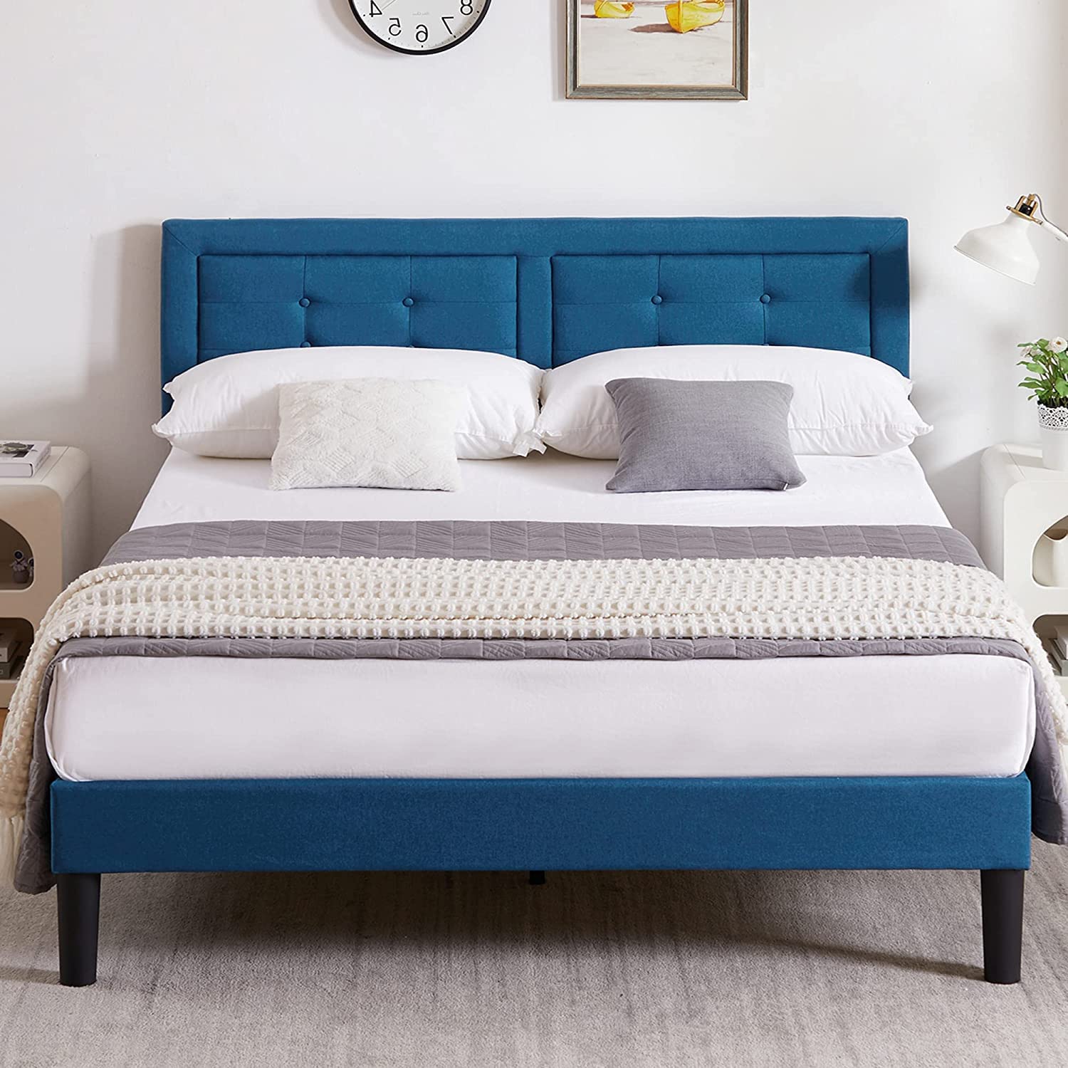 VECELO Queen Size Upholstered Bed Frame with Adjustable Fabric Headboard - Heavy Duty Platform Bed Frame with Wood Slat Support, No Box Spring Needed - Blue Velvet Upholstery - Perfect for Modern Bedrooms, Guest Rooms & Master Suites