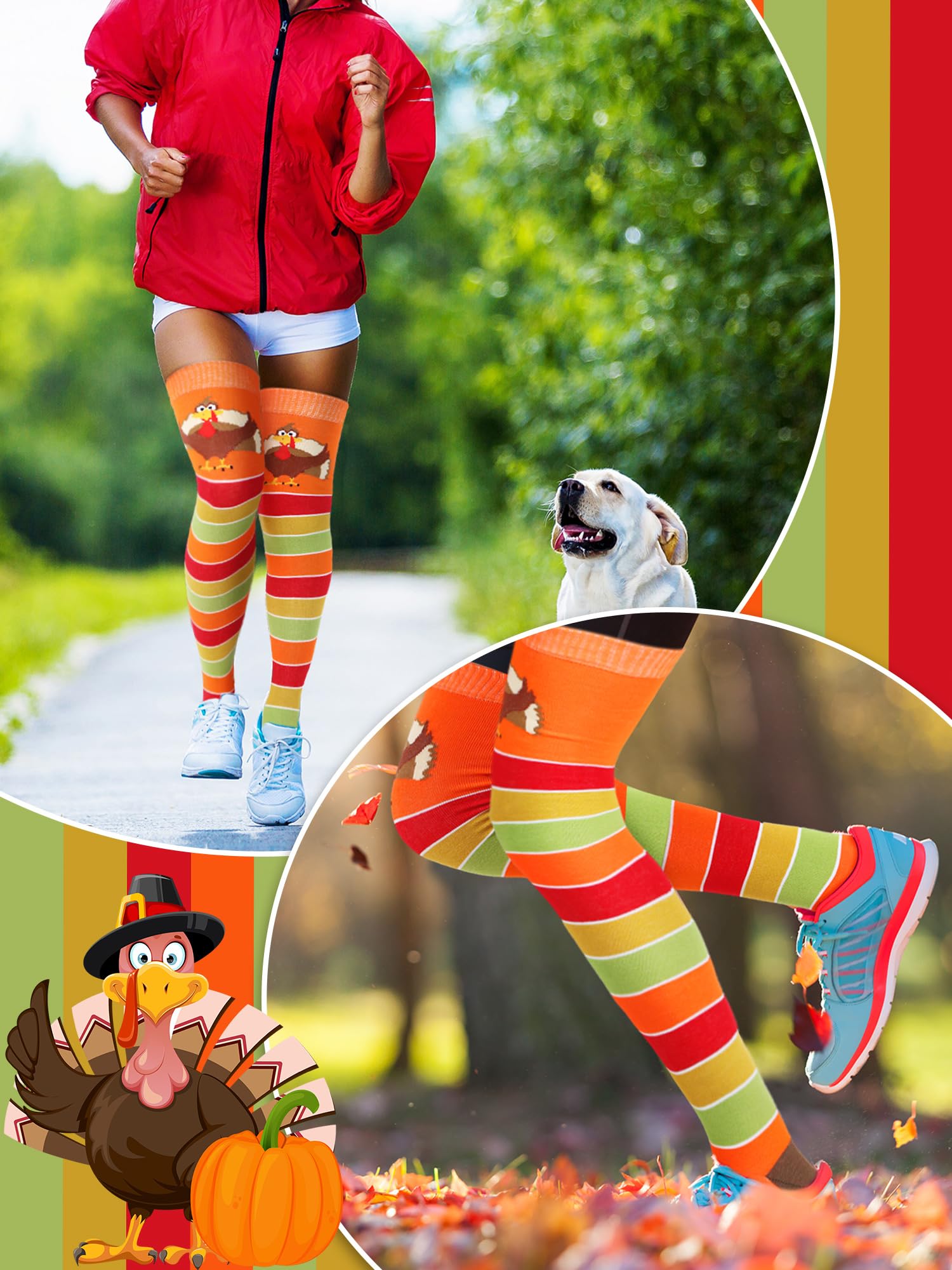 Liitrsh 4 Pairs Turkey Themed Over The Knee Socks - Fall Thanksgiving Striped Fuzzy Stockings for Women - Perfect for Running, Gifts & Holiday Outfits