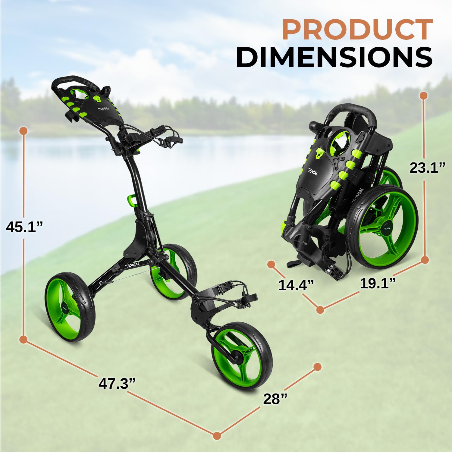 JOVIAL 3 Wheel Golf Push Cart - Lightweight Aluminum Frame Golf Caddy with Deluxe Scorecard Holder & Patented Bag Holder | Foldable, Collapsible & Adjustable Handle | Perfect for Golf Courses, Driving Ranges & Outdoor Practice