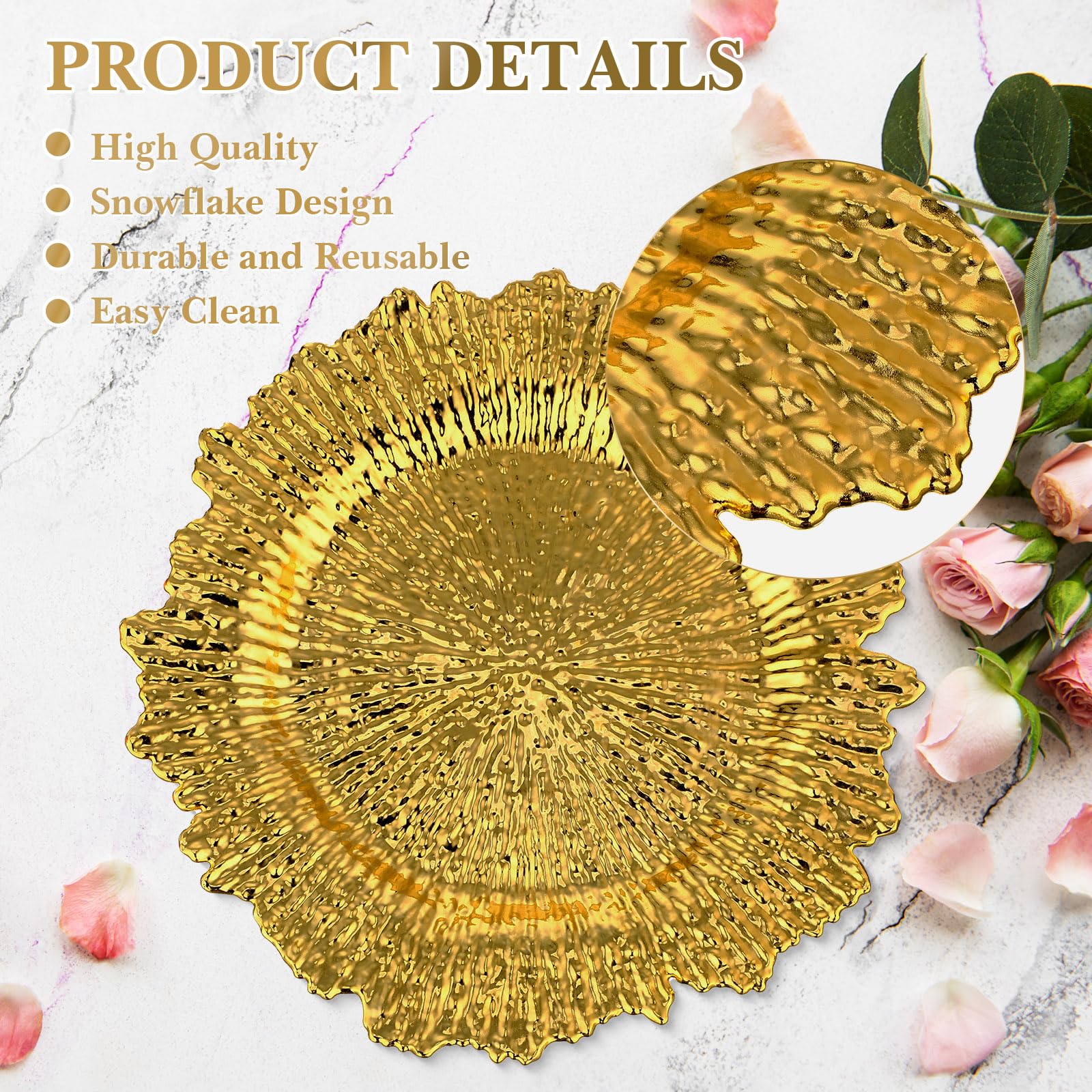 32 Pack Gold Charger Plates Set - 13 Inch Floral Plastic Decorative Dinner Plates for Wedding, Party & Table Setting - Elegant Reef Chargers Serving Trays for Formal Dining & Special Occasions