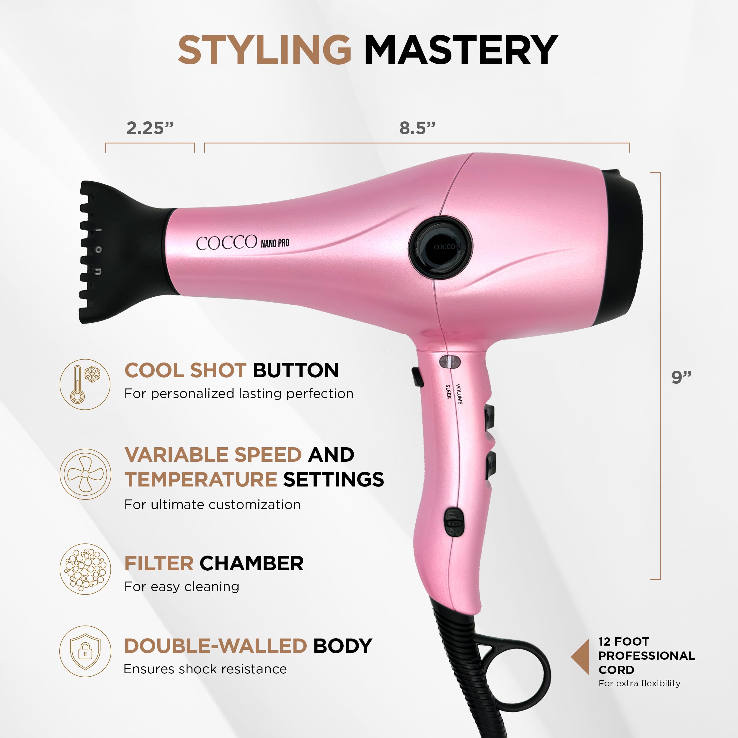 Cocco Nano Pro Hair Dryer - Ultra Lightweight Ionic Blow Dryer with Ceramic Spheres Technology | Fast Drying & Frizz Control | Professional Salon Performance (Pink) - Perfect for Home Use, Travel & Salon Styling
