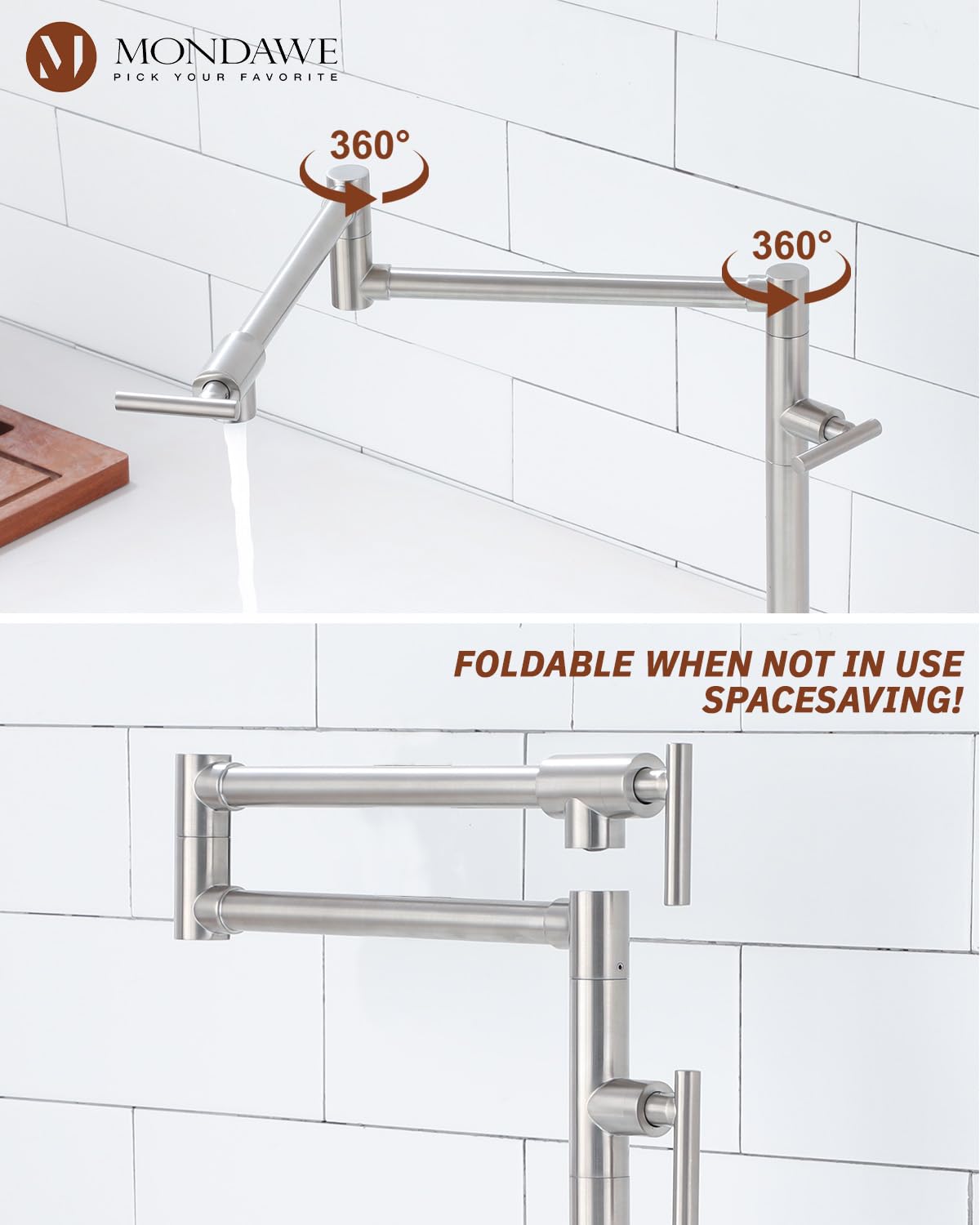 2-in-1 Commercial Grade Pot Filler Faucet - Deck Mount Brass Kitchen Faucet with Double Joint Swing Arms - Lead-Free Brushed Nickel Finish - Ideal for Stove Pot Filling in Restaurants & Home Kitchens