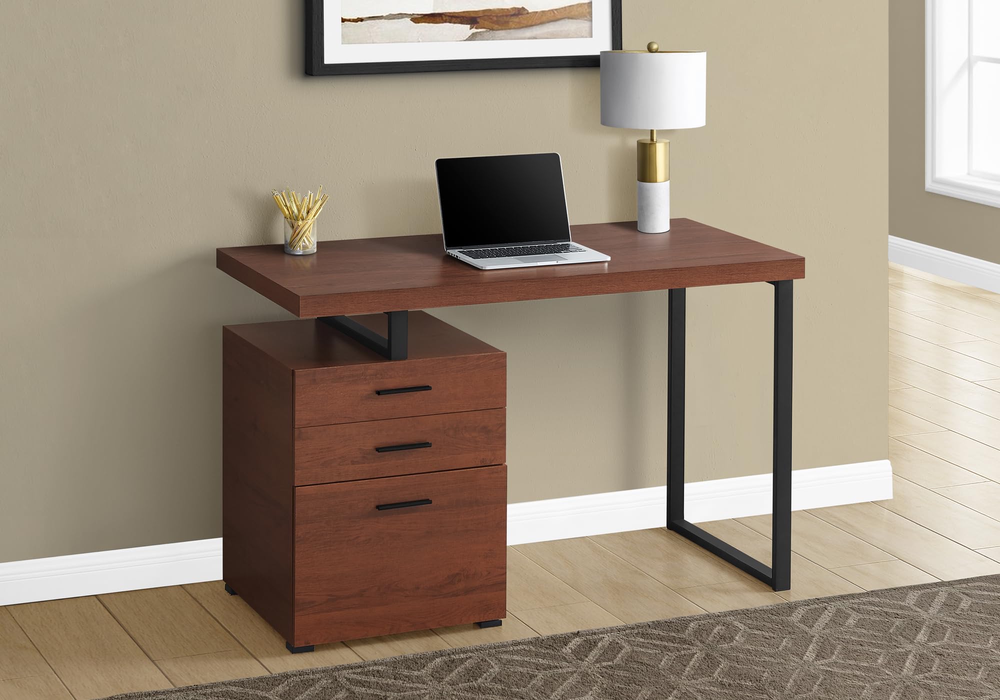 Monarch Specialties I 7641 48-Inch Computer Desk with Storage Drawers - Home Office & Laptop Desk for Left or Right Setup - Contemporary Brown & Black Metal Laminate Workstation - Perfect for Small Spaces, Remote Work & Study