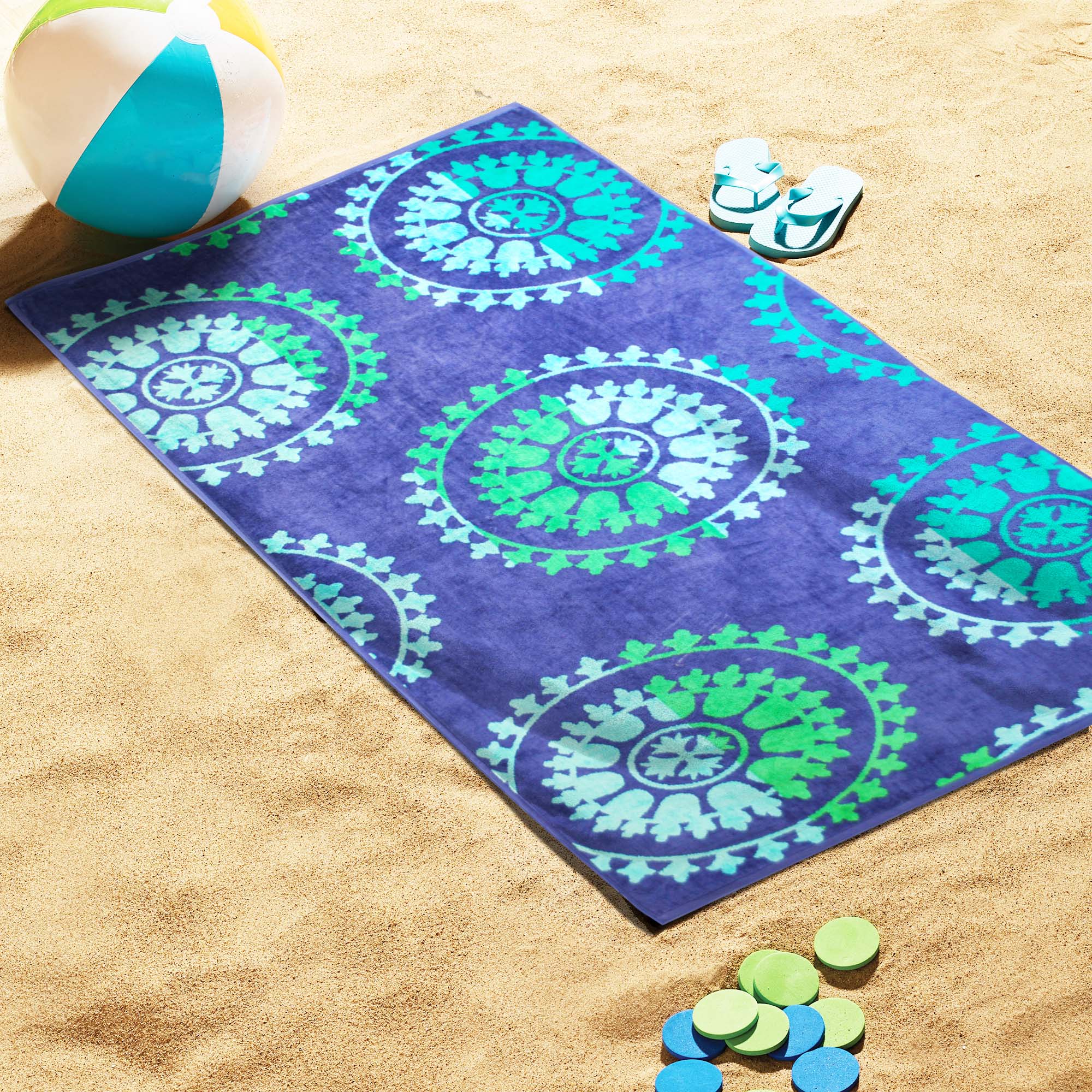 Premium Oversized Cotton Beach Towel Set - 4 Piece Soft & Absorbent Spinning Wheels Design for Pool, Beach, and Outdoor Use