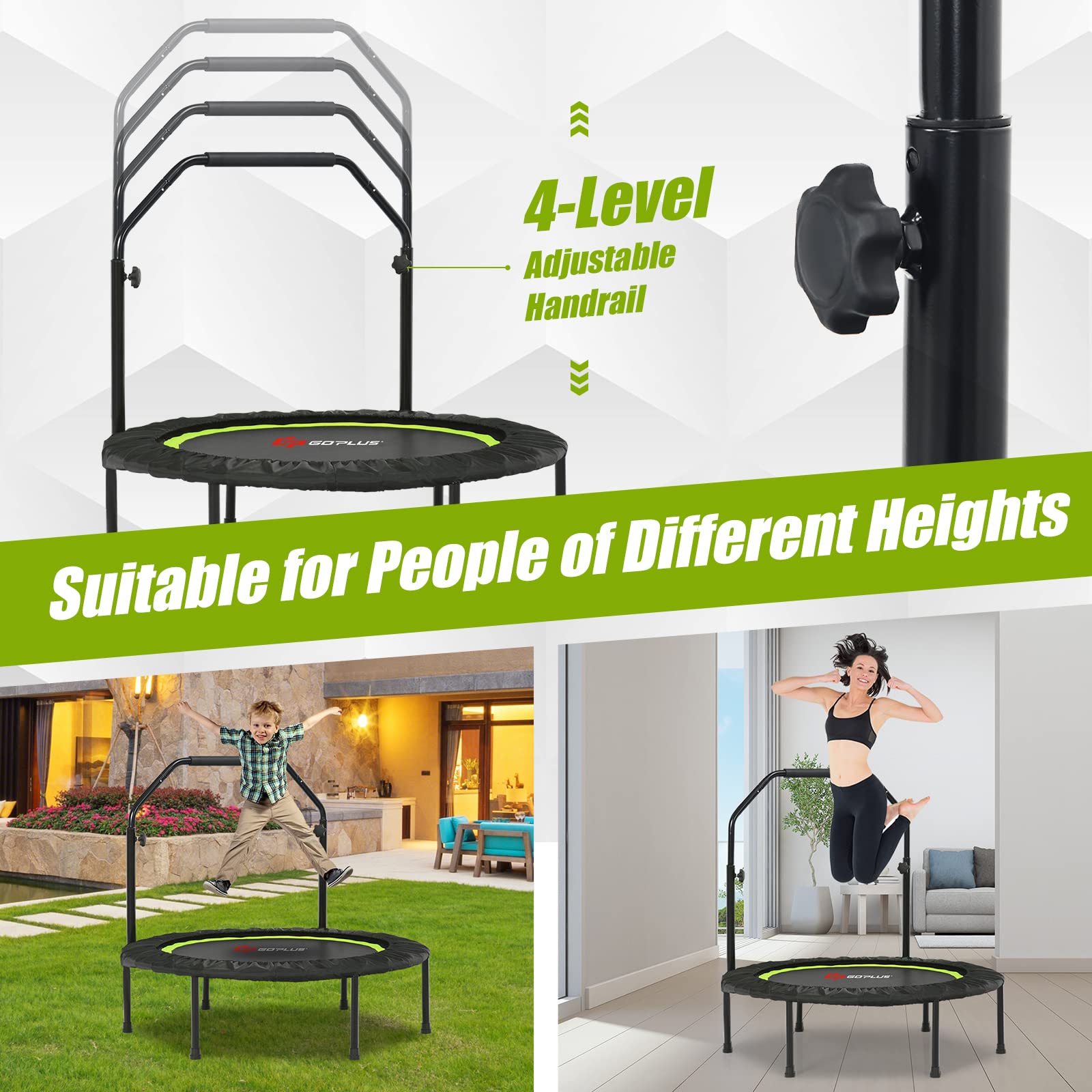 Goplus 40” Folding Fitness Trampoline with Safety Handrail - Adjustable 4-Level Height, Includes 2 Resistance Bands - Portable Mini Exercise Rebounder for Indoor & Outdoor Workouts - Perfect for Home Gym, Cardio Training, Weight Loss, and Family Fitness Activities
