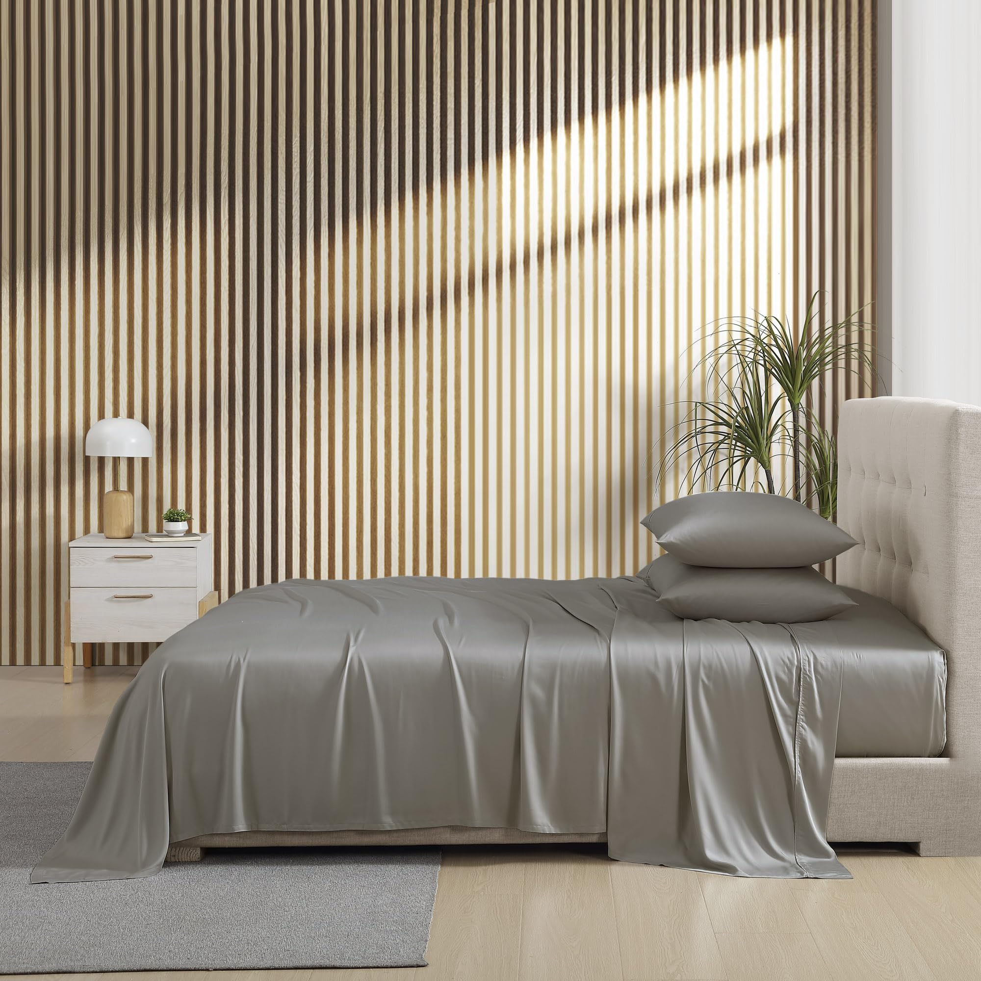 Brielle Home Viscose Bamboo Cooling Super Soft Sateen Sheet Set - California King Size, Charcoal Gray - Breathable & Hypoallergenic Bedding for Hot Sleepers & All Seasons Comfort